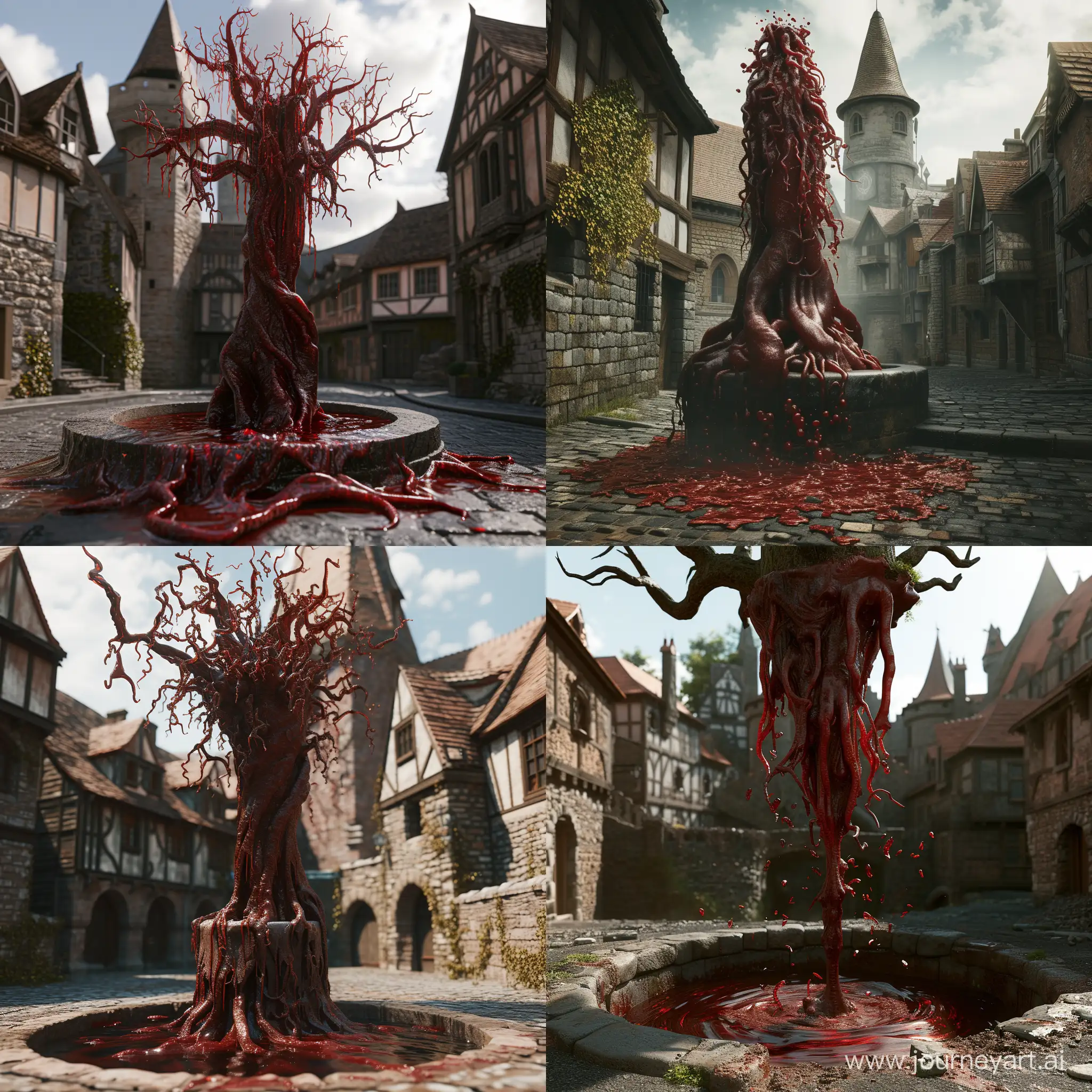 liquid vampire made of subsurface scattering blood with a leather organic blood vessel cape, growing out of a powerful liquid magic well in a medieval town, unreal engine realistic render