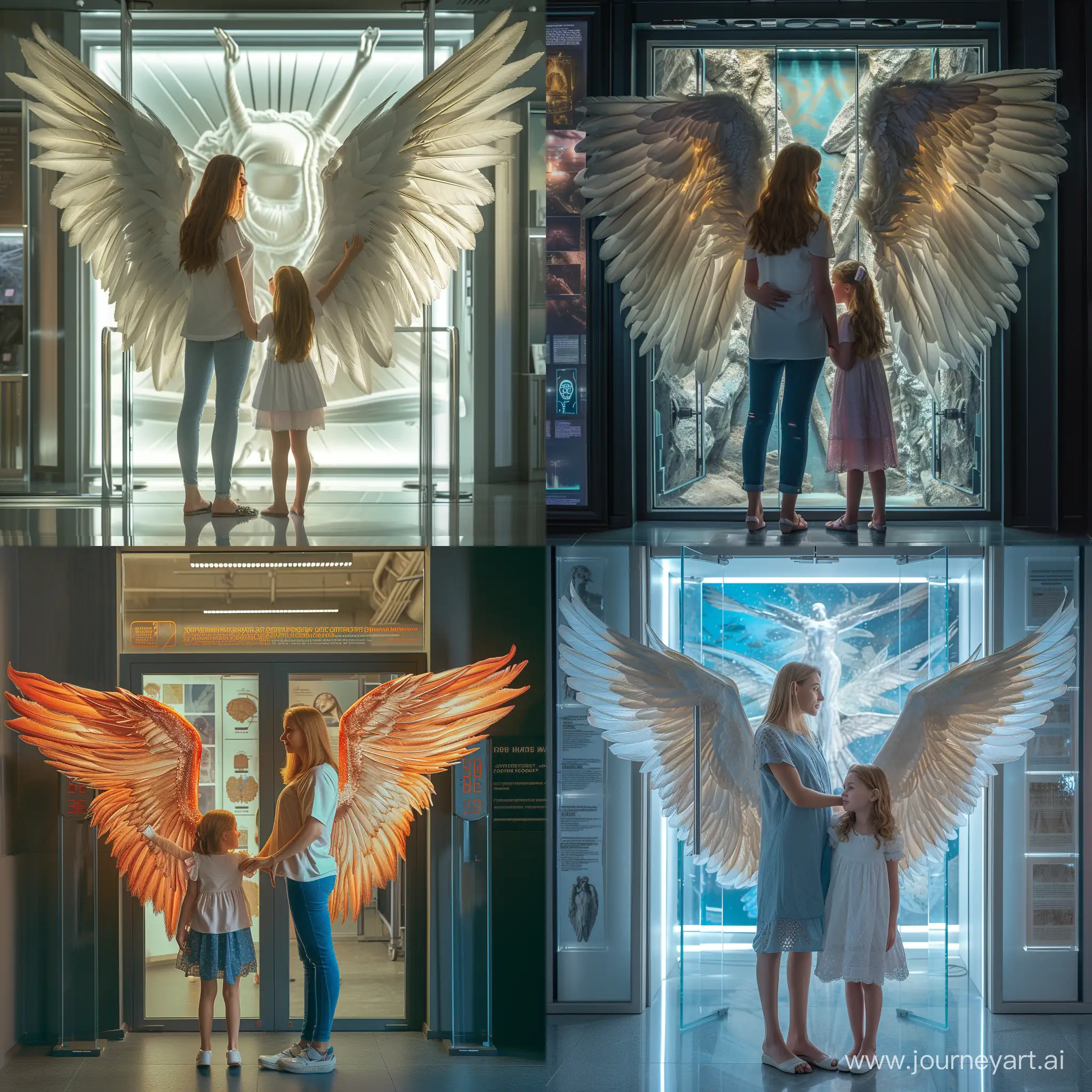 Молодая мама с семилетней дочкой расправляют огромные крылья и хотят лететь домой, стоя у дверей сверхтехнологичного музея истории человечества, далёкое трансгуманистическое будущее, фотография, гиперреализм, высокое разрешение