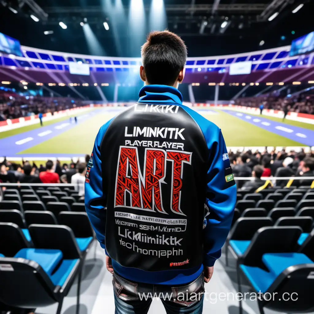 art about a player with his back with the inscription on his clothes Likmiktik in a semi-open state at the mobile World Championship against the background of the stands from the world mobile game championship