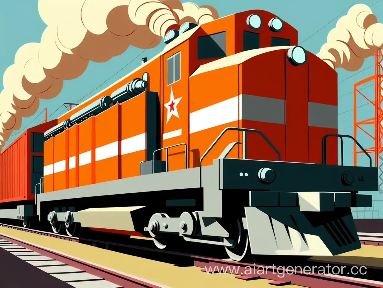 Нарисуй грузовой поезд в работе на заводе или порту. Нарисуй картину в стиле советского конструктивизма. Картина должна быть очень яркой