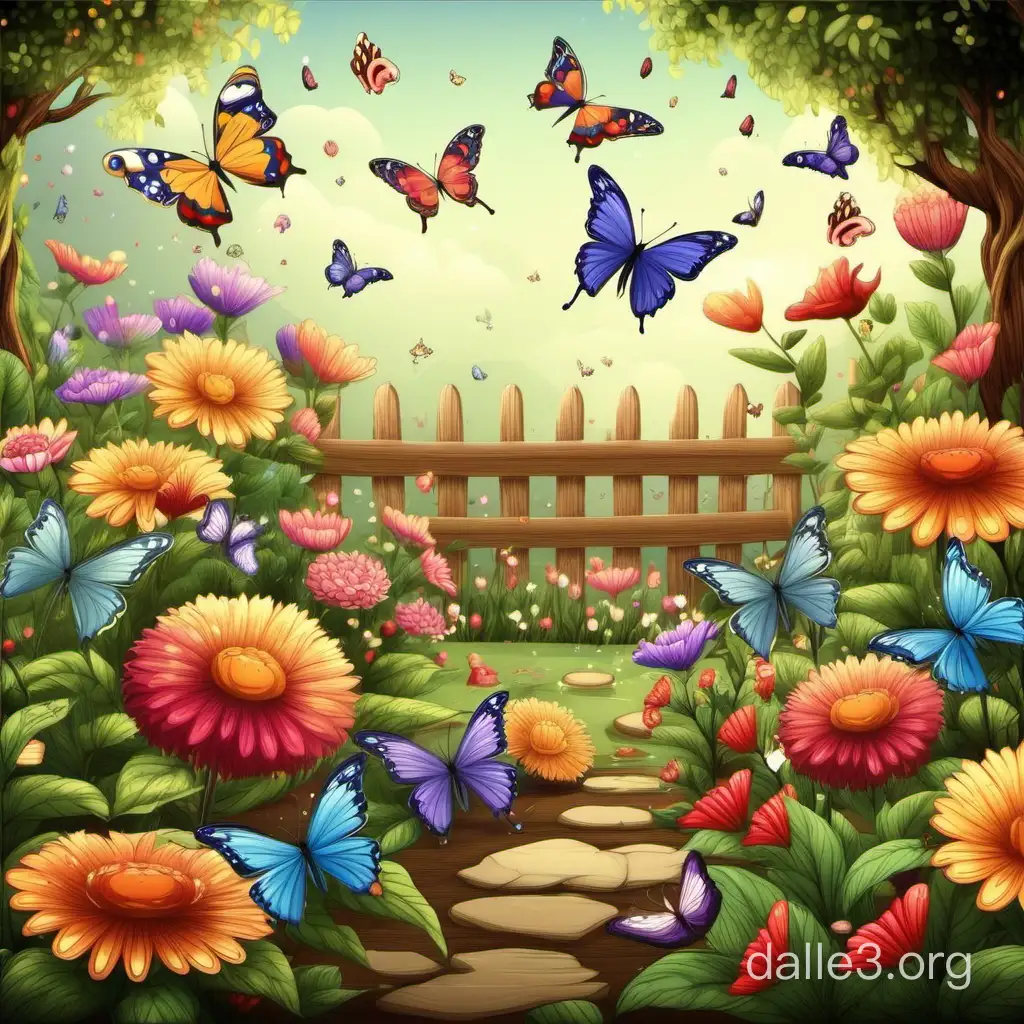 Garden with flowers and butterflies 