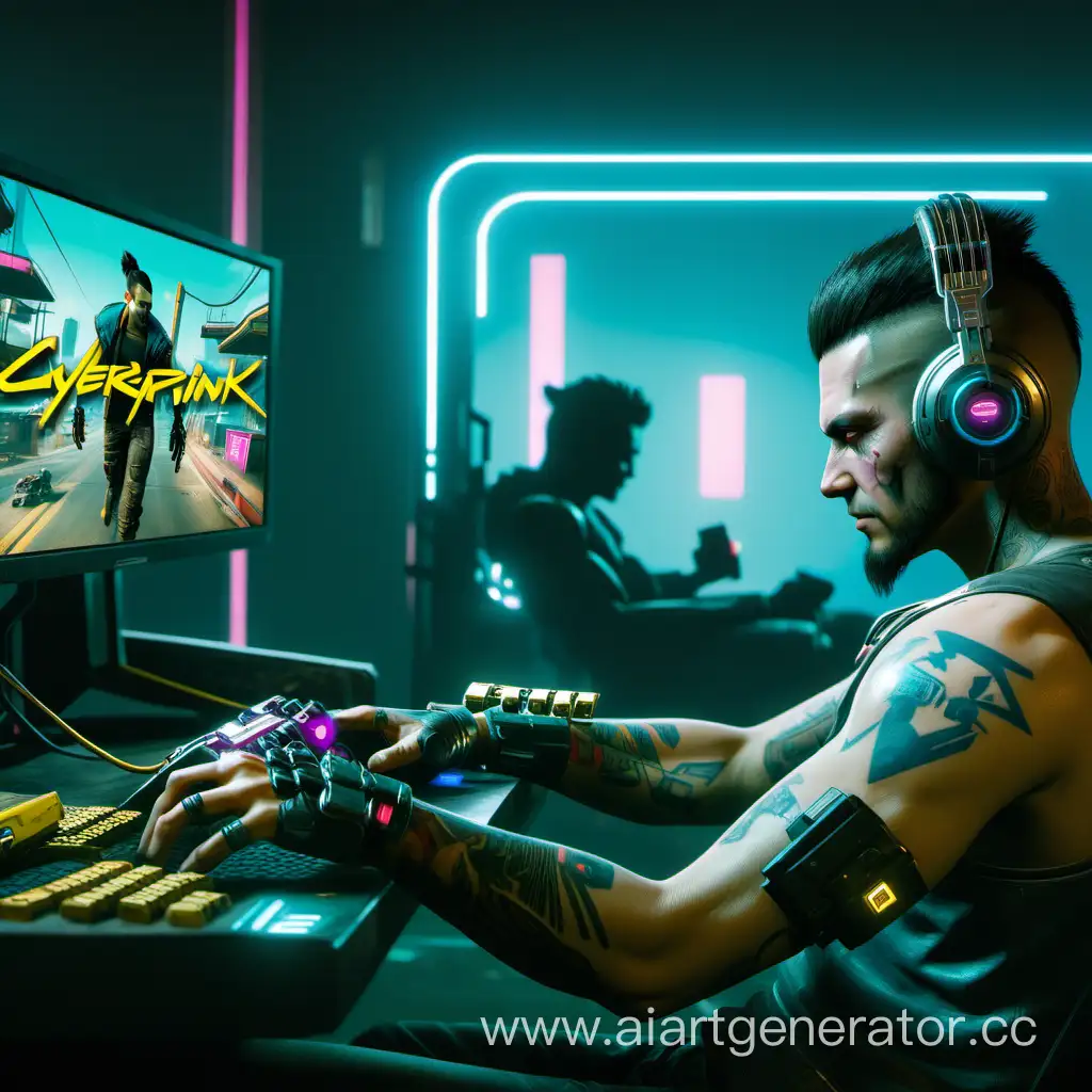 Enthusiastic-Gamer-Immersed-in-Cyberpunk-2077-Adventure