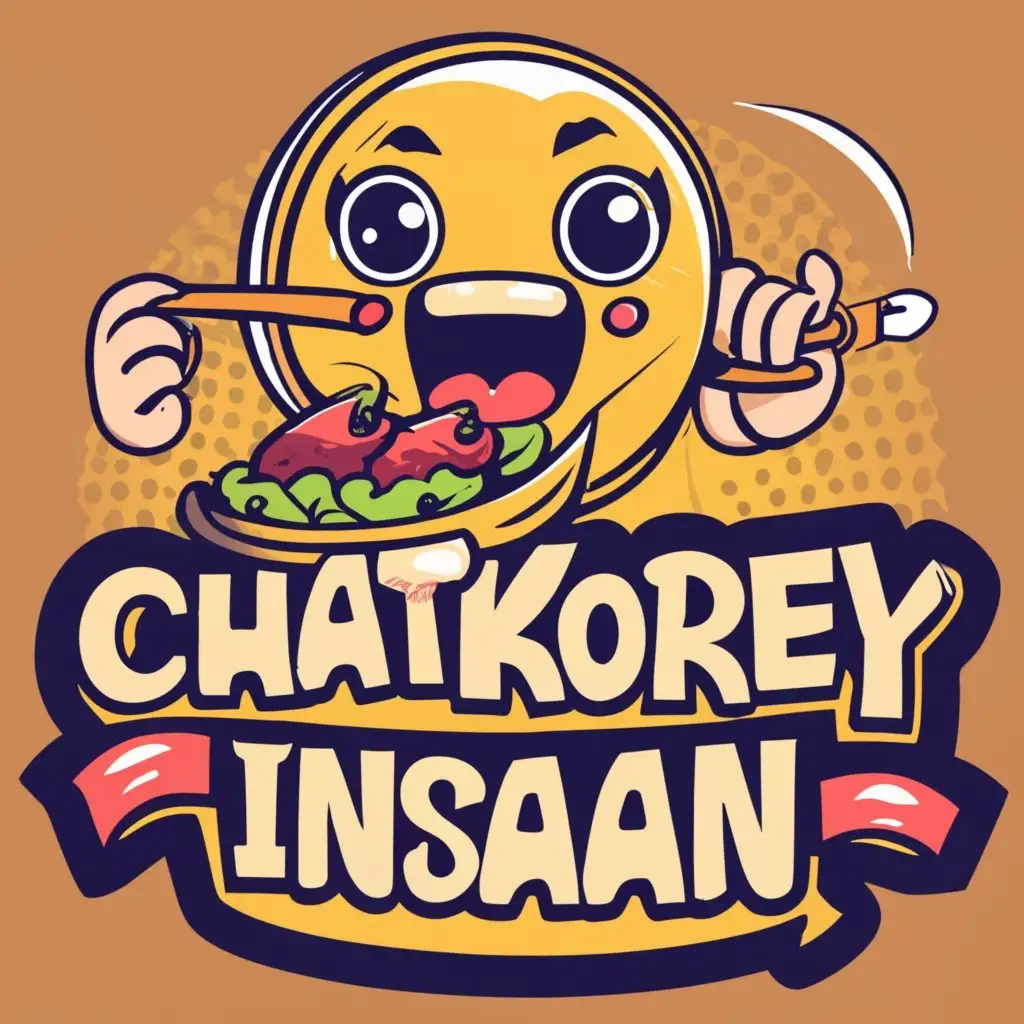 logo, A funny cartoon eating the food with funny large face, with the text "Chatkorey Insaan", typography, be used in Restaurant industry