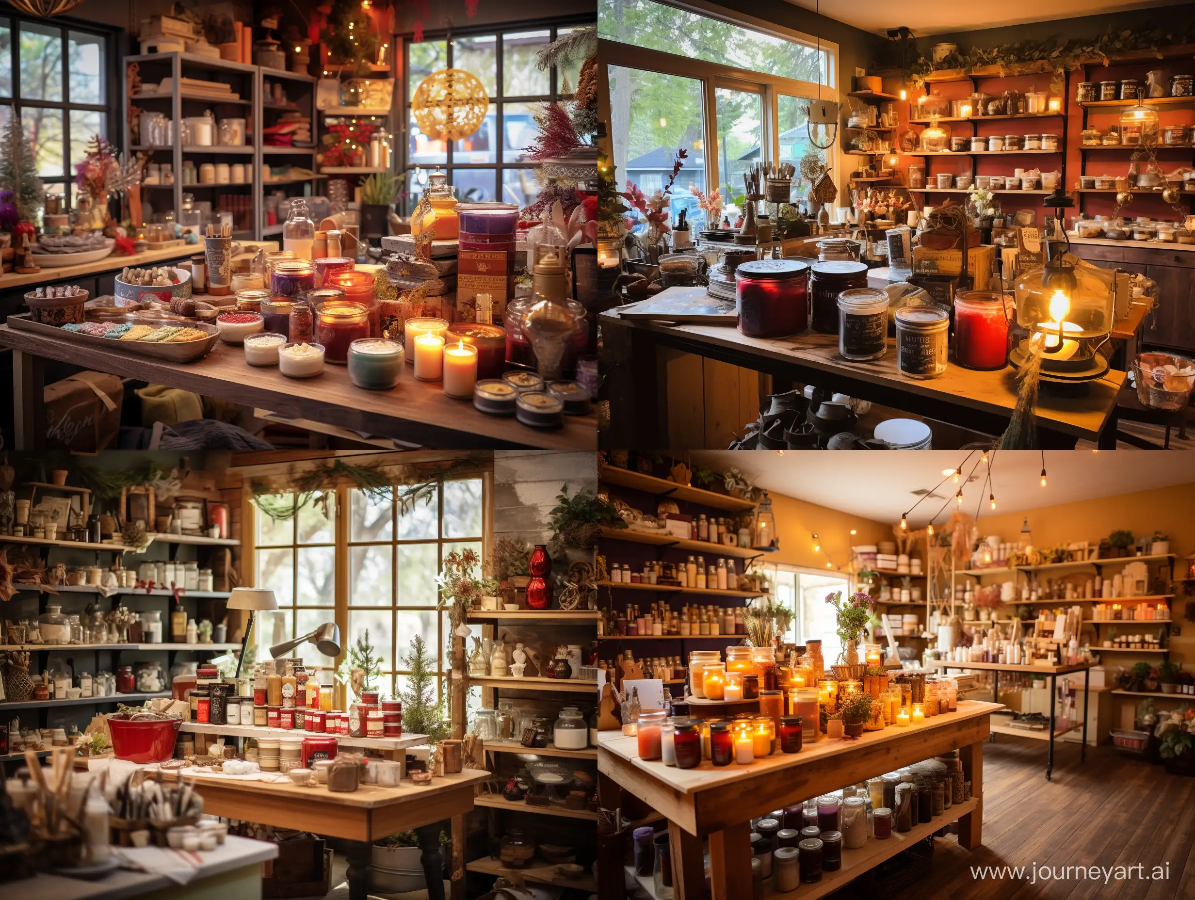 Cozy artisan workshop filled with candle and soap making supplies, vibrant colors, warm ambient lighting, shelves of handcrafted candles and soaps, festive holiday decorations, twinkle lights, sparkle, a sense of magic and creativity in the air, soft focus, high detail, Cinematic lighting, evoke the warmth 