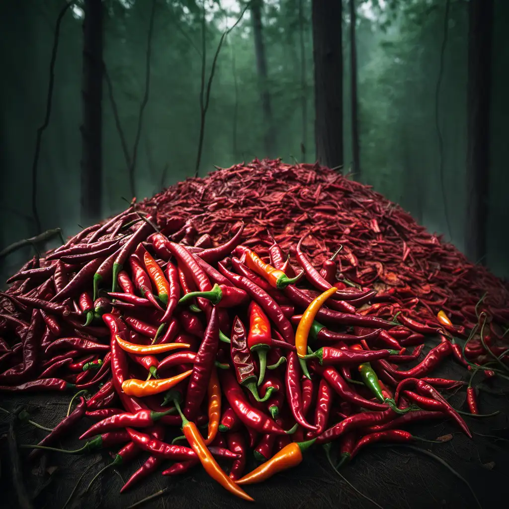 Pile of chile peppers in a forest clearing.
