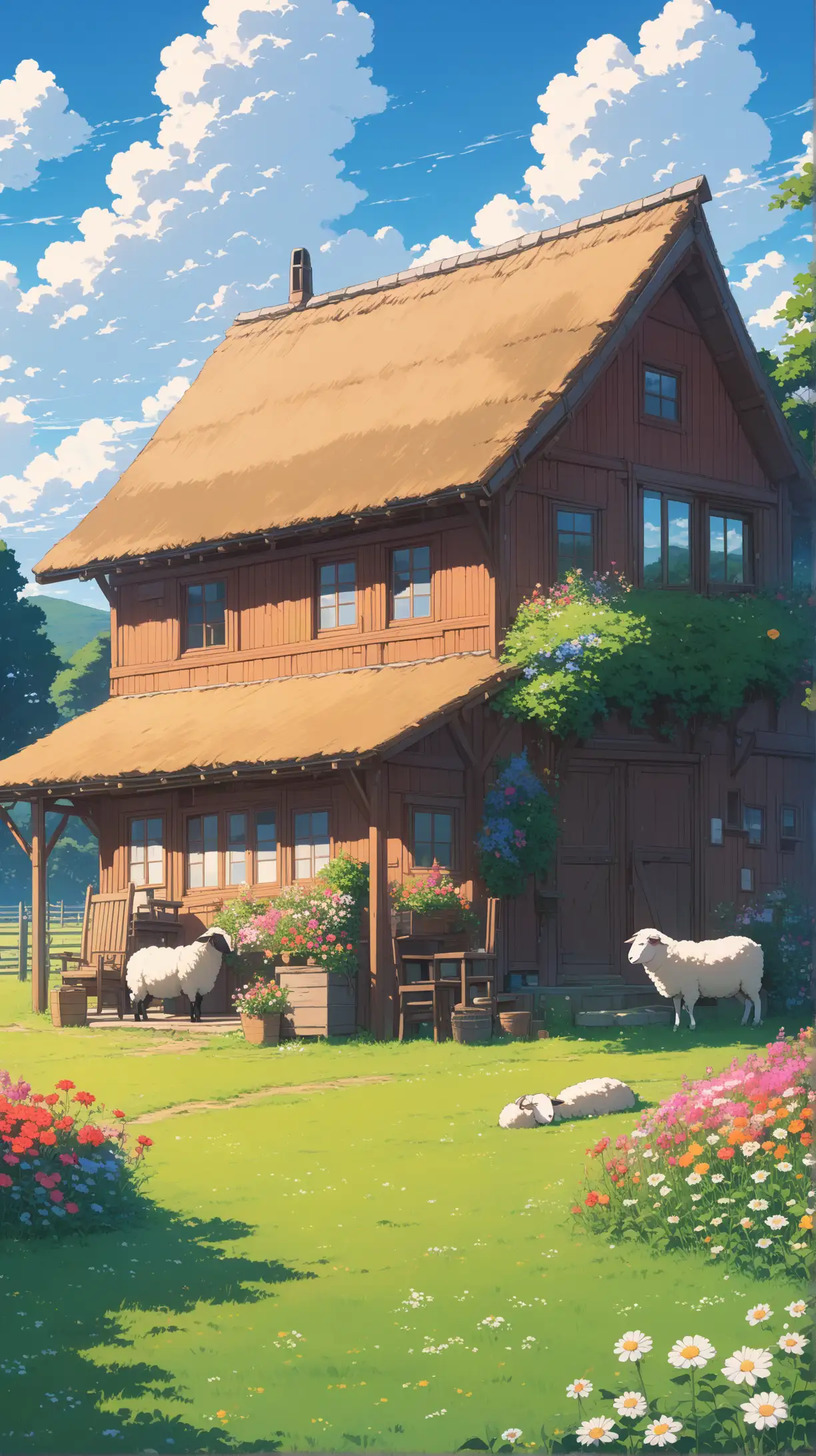 landscape view  to a  farm house with old woman sitting on chair ,  yard, wood fence,  sheeps outside, beautiful meadow, beautiful vibrant variant flowers and greenery, beautiful morning sky, Ultra detailed, render 8k, stable diffusion, acrylic palette knife, anime, makoto shinkai style, ghibli style, 8k render, mystics_meta style, full shot photography style, stable diffusion,ultra detailed, trending pixiv style