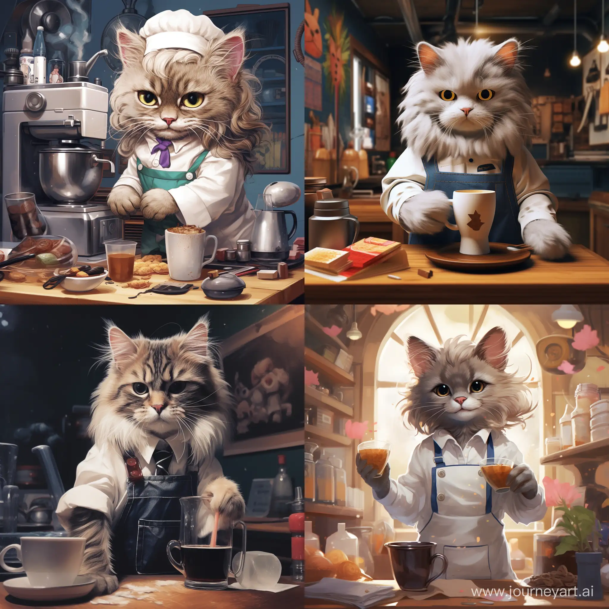 Котик бариста готовит кофе
