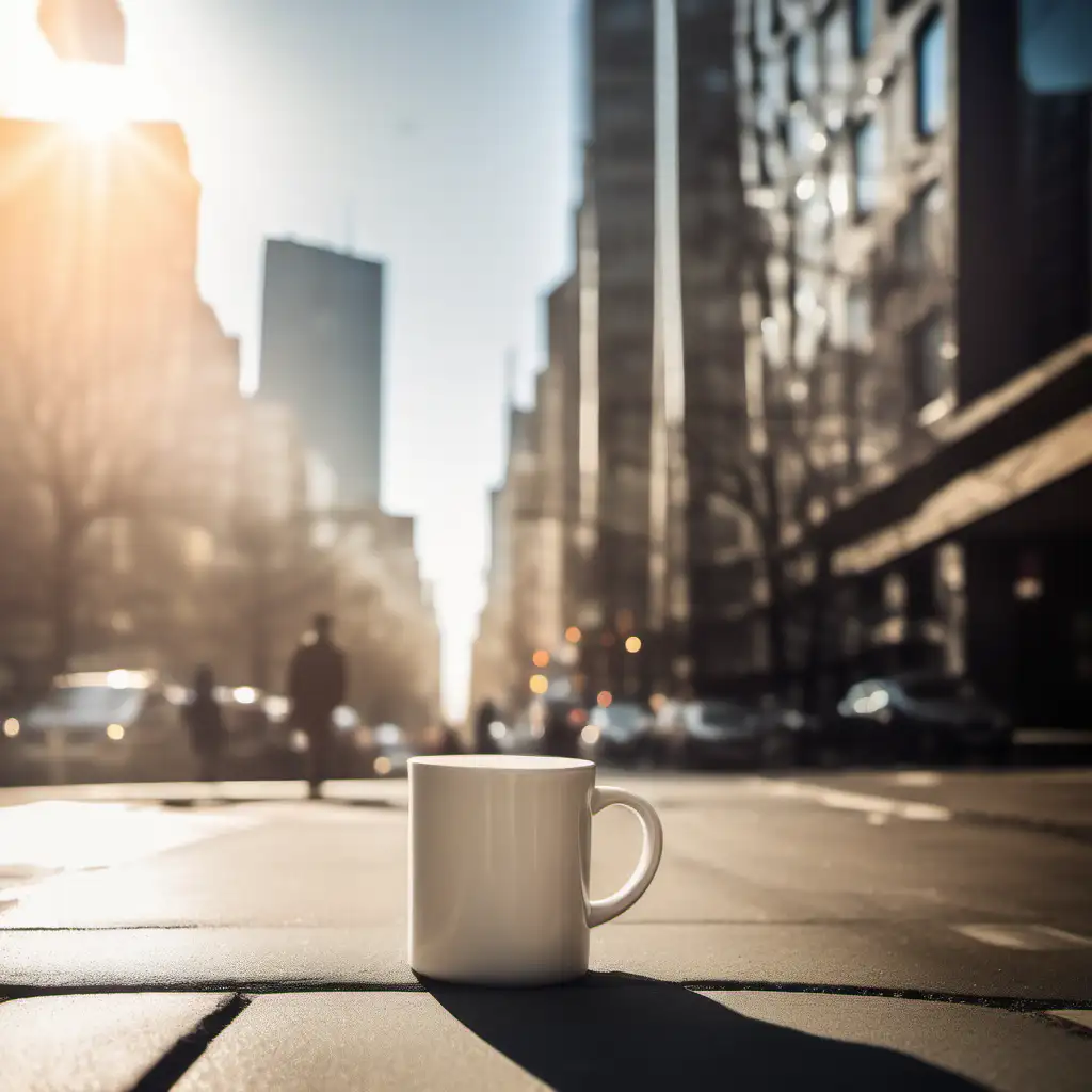 Generate a high-resolution image of a stylish person standing on a bustling city street at sunrise, holding the white ceramic mug (3.7"H x 3.7"W x 3.2"D, 10.2" circumference) . The background should capture the early morning city vibe with soft sunlight illuminating the scene. Focus on the person enjoying a peaceful moment with their mug amidst the urban setting.

