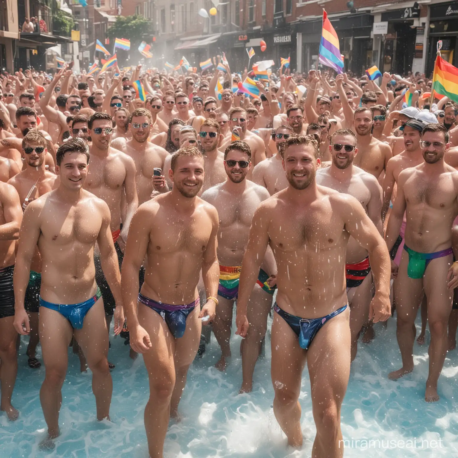 Vibrant Gay Pride Foam Party with Rainbow Flags and Diverse Crowd