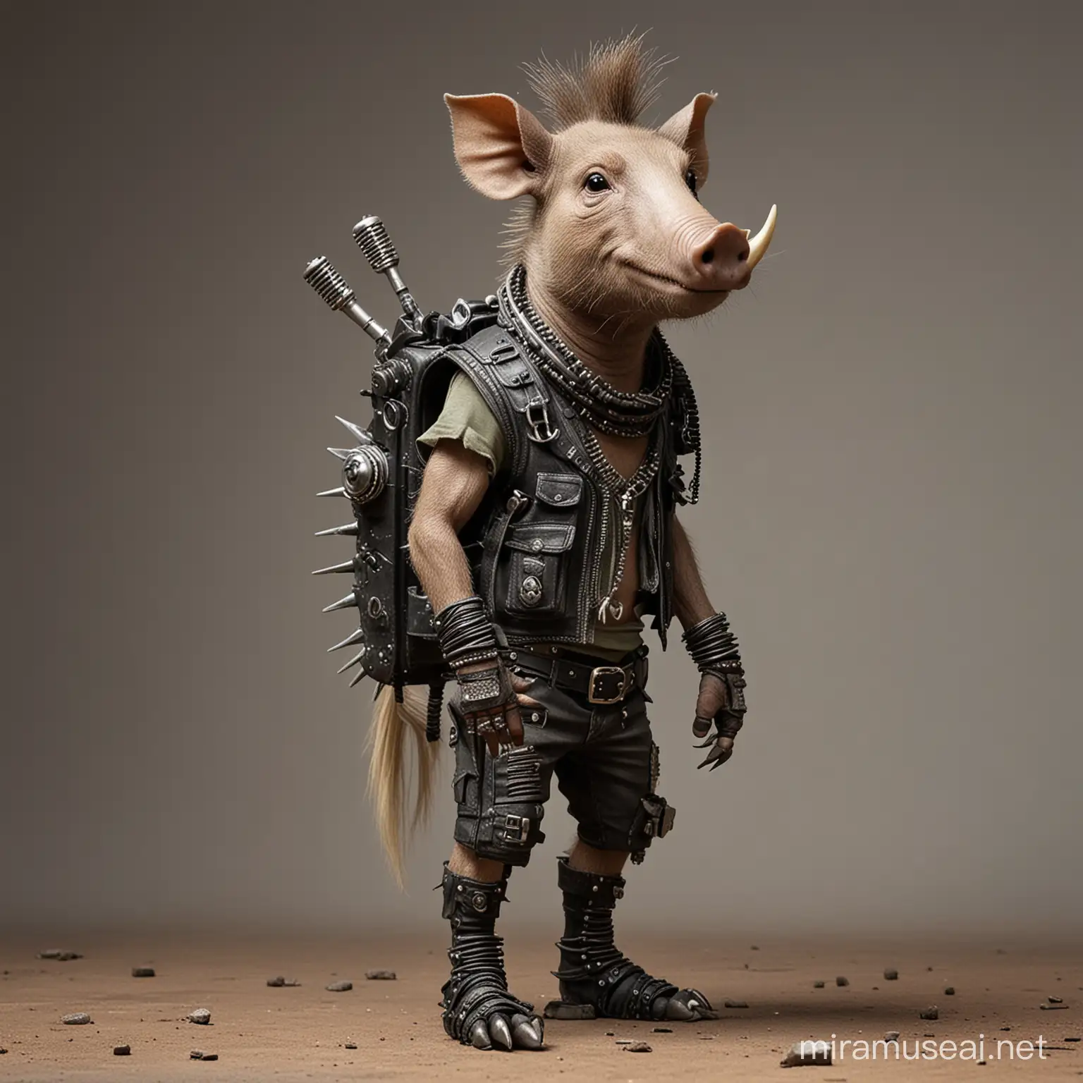 anthropomorphic warthog punk rocker standing on hind legs, post apocalypse