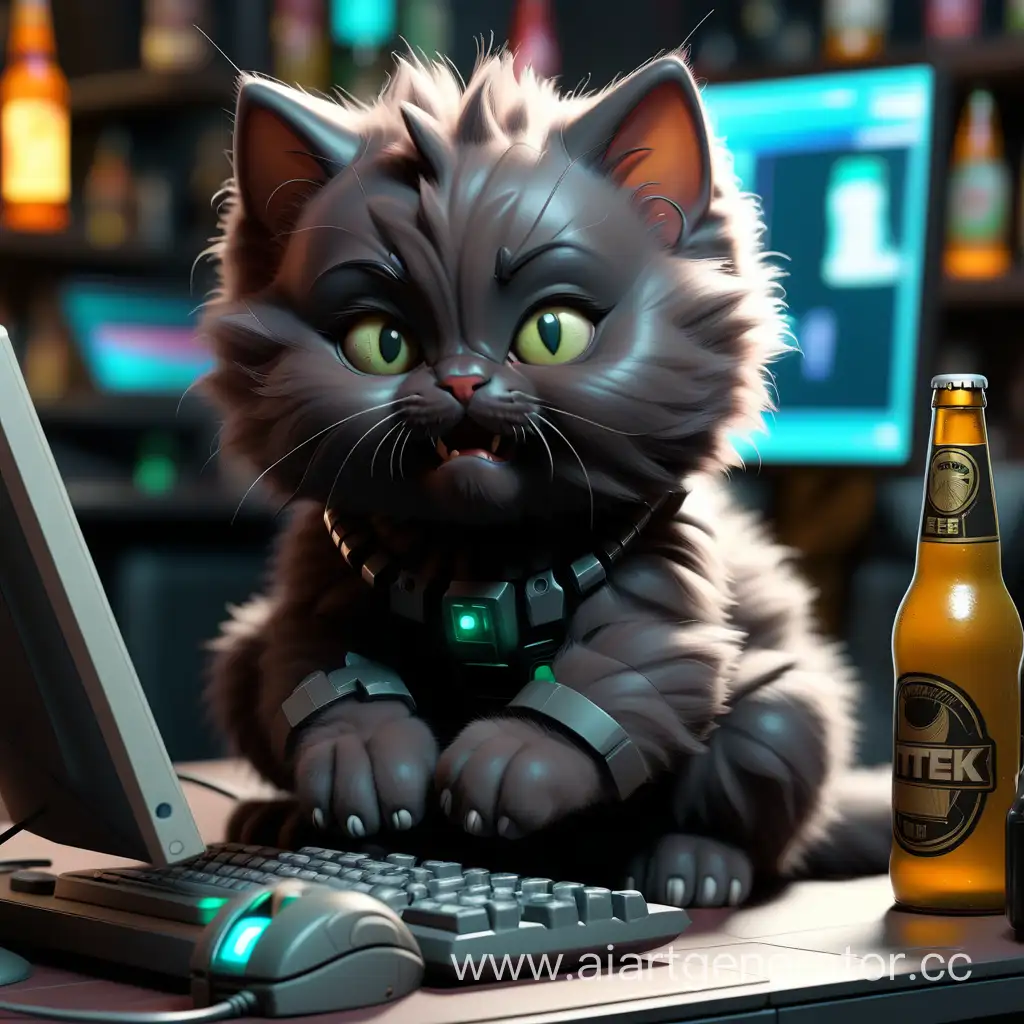 Small, chubby, black, fluffy kitten plays on the computer, and there are many beer bottles on its table, cyberpunk, 3D