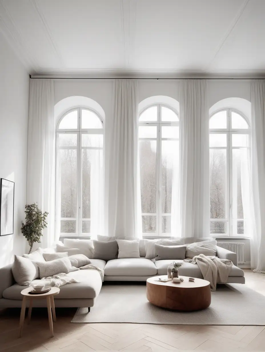 white wall and ceiling, scandinavian interior with windows, parquet light herringbone, light flowing curtains, light big sofa