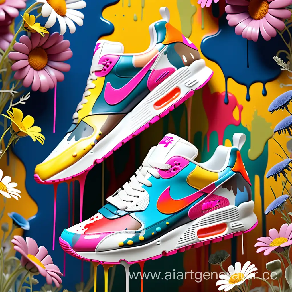 Nike trainers dripping with paint surrounded by wild flowers with a fun colourful background