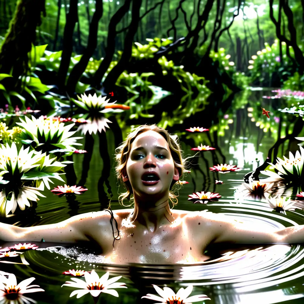 Jennifer Lawrence nude reacts in horror as a vine starts to wrap around her neck and her wrists as they swim the neck deep water in the pond surrounded by flowers in the forest