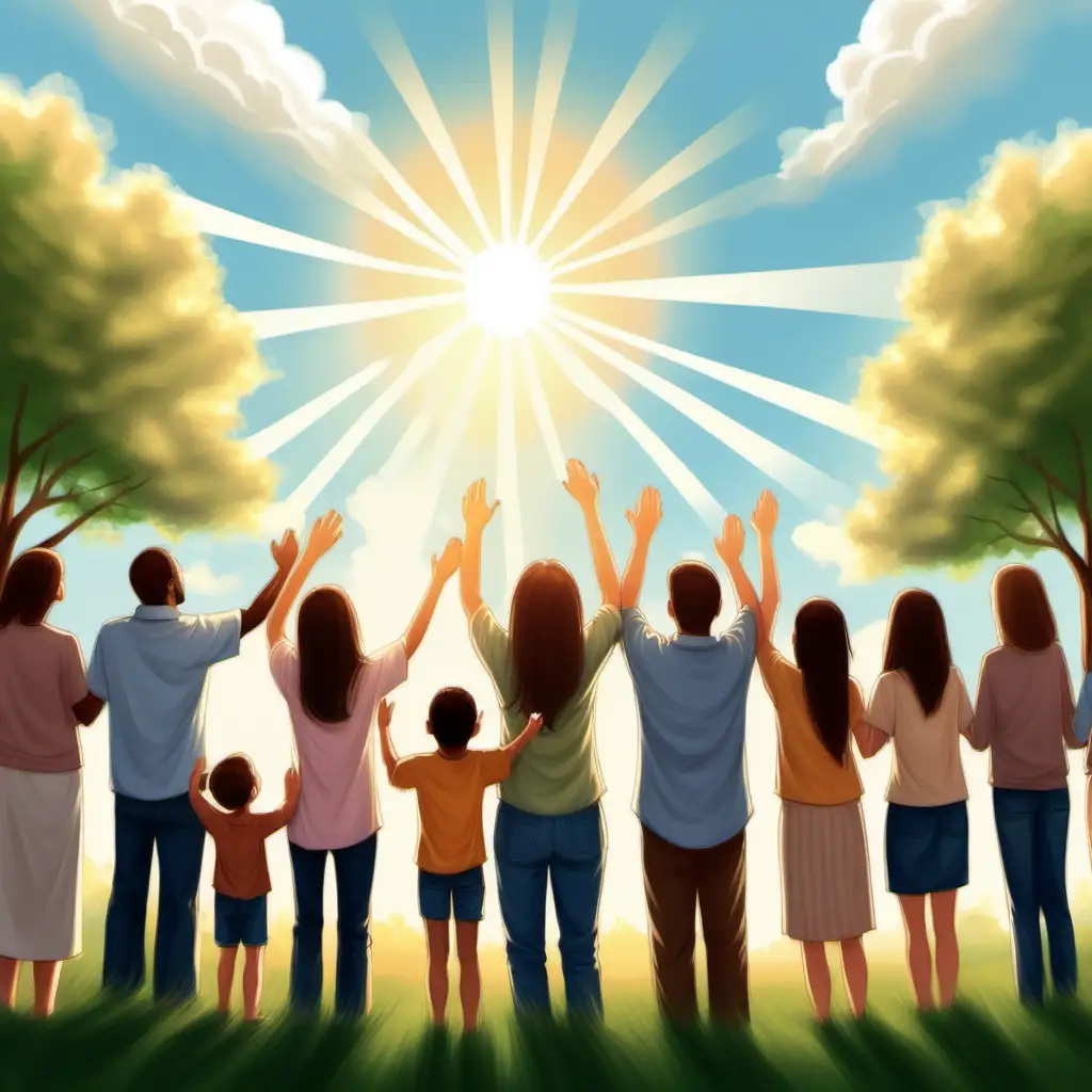 Create me an realistic illustration of congregation learning how God's loving care surrounds them every day. The illustration should include sunny skies and blessings 