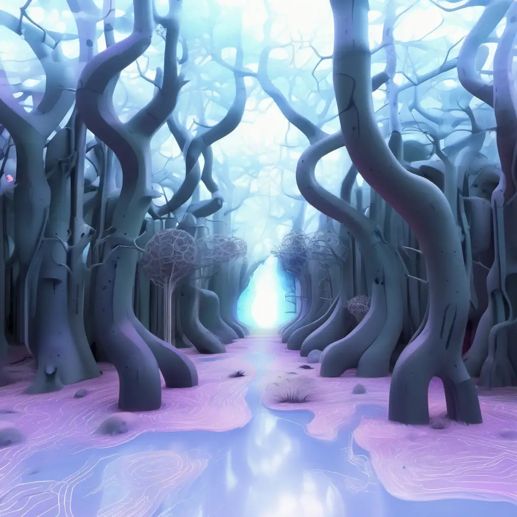 Enigmatic Psychedelic Forest with Organic Geometry and Intricate Tree Features