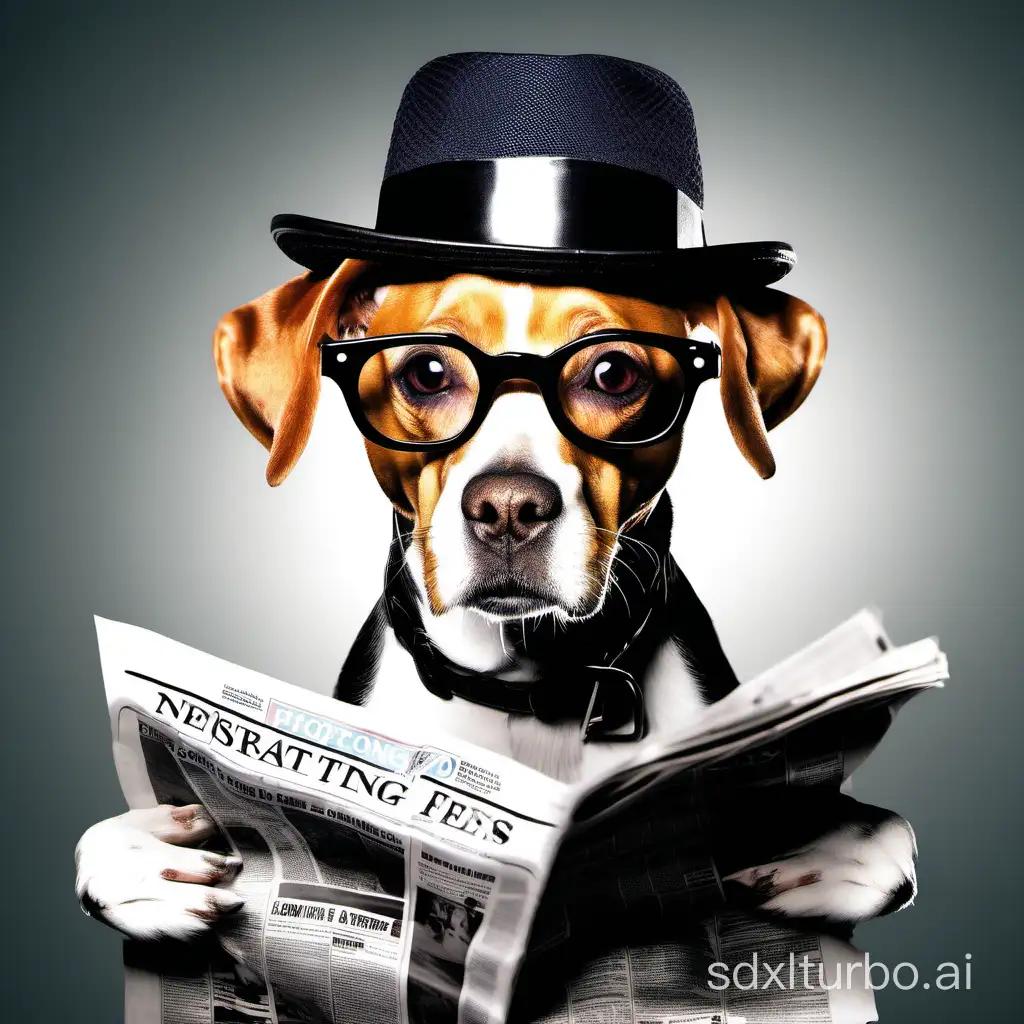 photographic image portrait style of a dog reading a news paper with a hat and glasses on