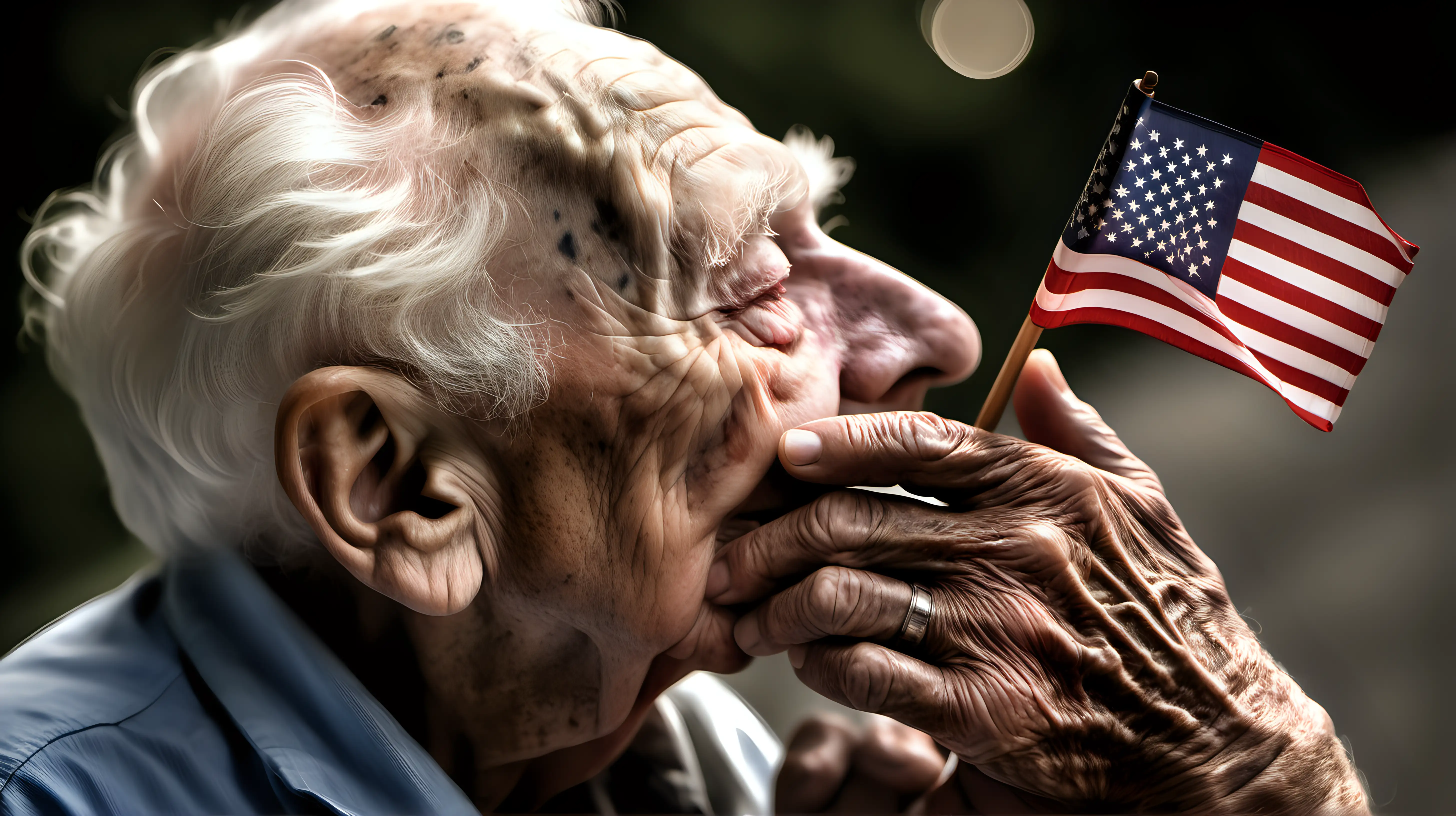 An elderly veteran holds the American flag close to their heart, their weathered hands tenderly pressing a kiss onto its stars and stripes, reflecting a lifetime of loyalty and sacrifice.
