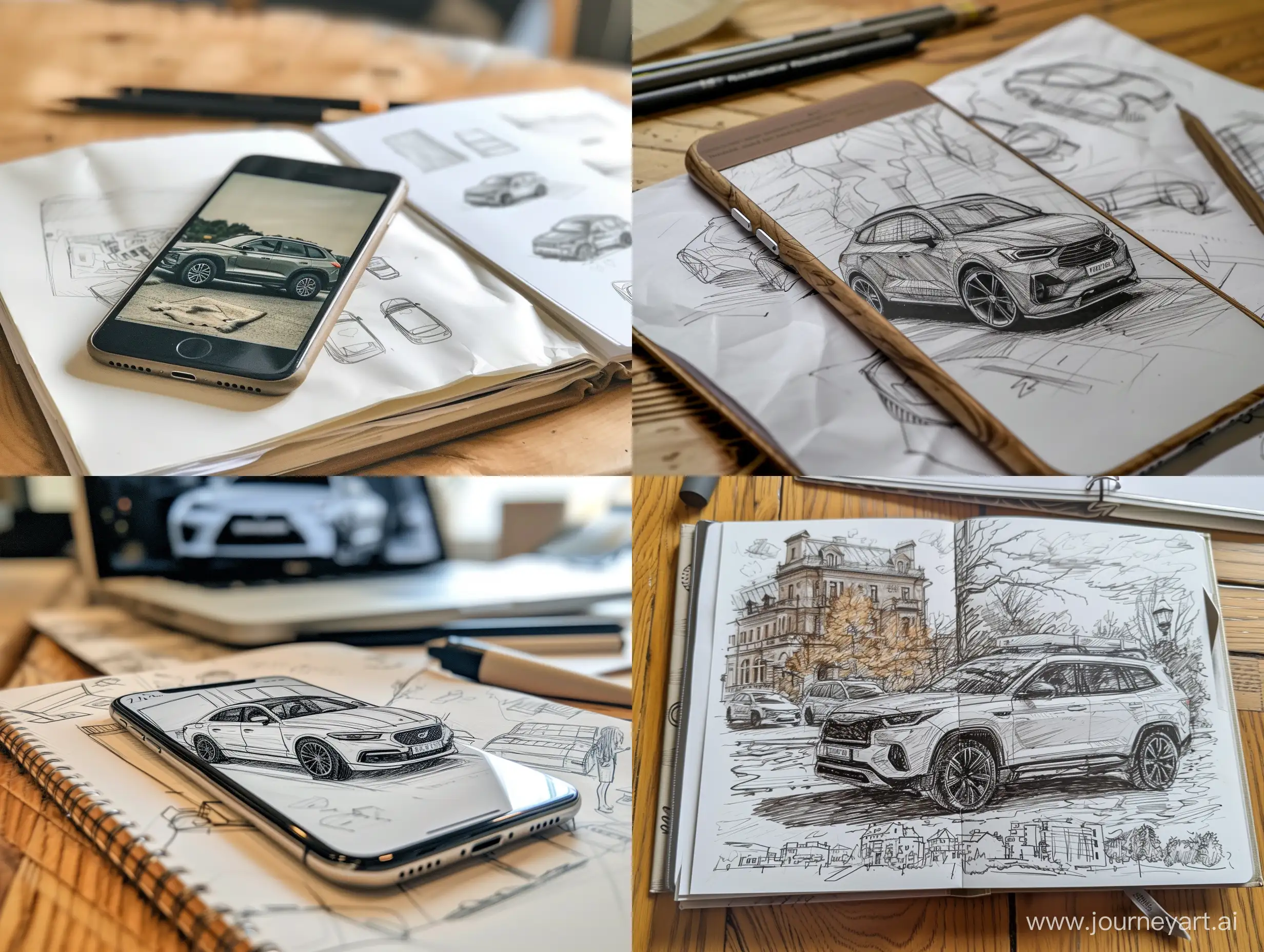 phone photo of album with a 3 sketches of stadies of developing the idea on the topic - home an journey with a car, posted on reddit in 2019 --style raw