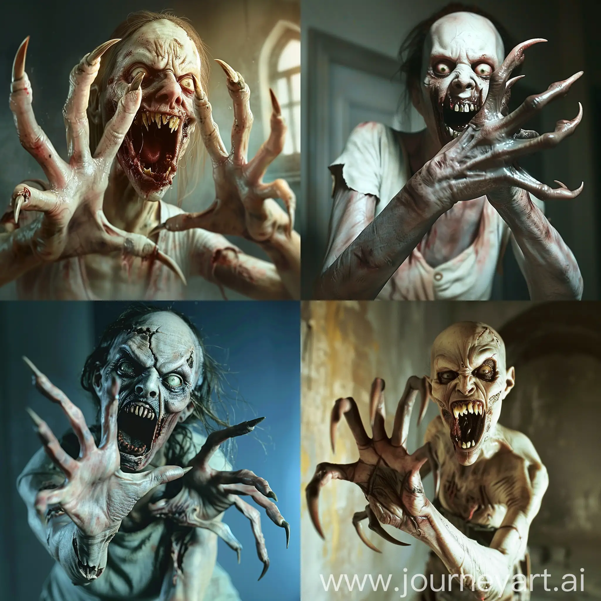 "Describe a zombie woman in a horror scene. She has long, curved pointed nails resembling claws on her five fingers. Her skin is pale and rotting, and her eyes are vacant. Her mouth is wide open, showcasing sharp, pointed teeth that are similar to fangs. Describe her attacking her victim." full anatomical. human hands, very clear without flaws with five fingers