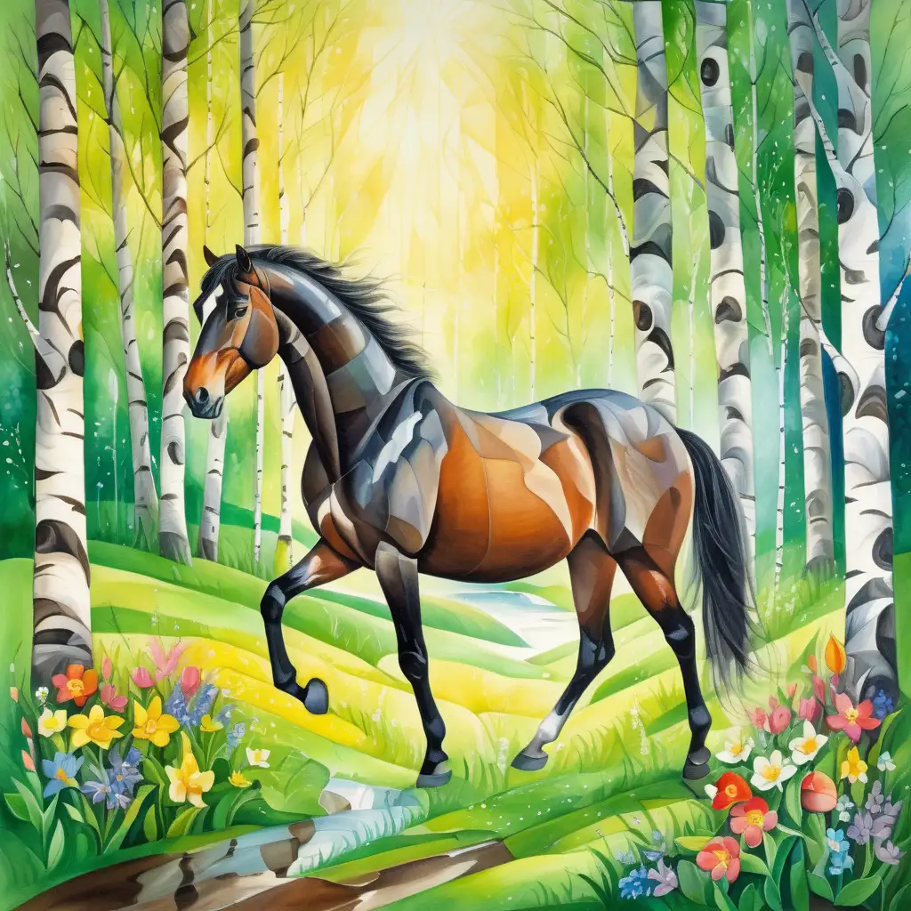 A birch forest in spring, green leaves and spring flowers in bright colors, a gentle spring rain, the sun's rays shining through the foliage, a dark brown horse comes trotting , watercolors , cubism
