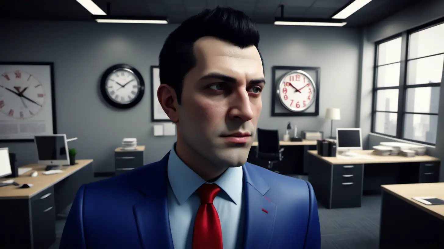 /imagine prompt: Realistic, Cinematic, personality: [Show a clean shaven businessman in a blue suit and red tie, in a busy office with lots of people working but with one single large clock on the wall.] unreal engine, hyper real --q 2 --v 5.2 --ar 16:9