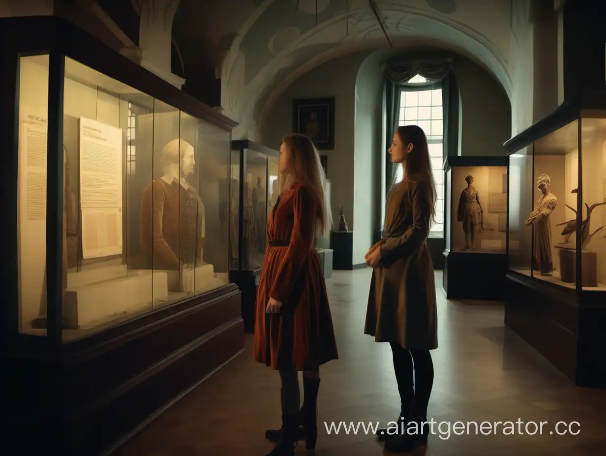 two girlfriends are standing in front of the exhibits in the historical museum, hd, weak light, detailed