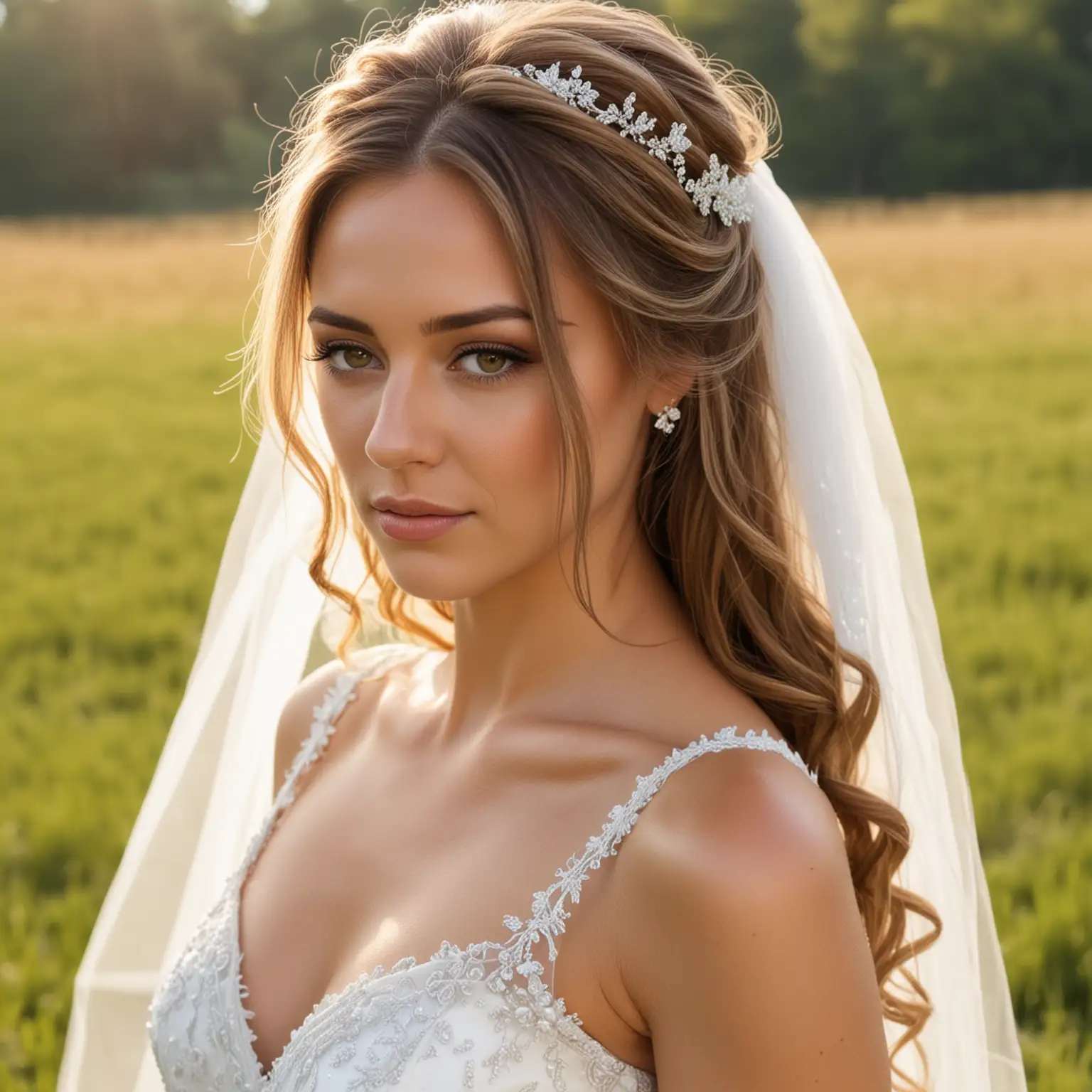 bride, complete  face side view,  light brown hair with highlights in a bridal hairstyle , white bride dress, summer , out in the field , no jewelry, with vail  , face partially covered , groom blurred in the background 
