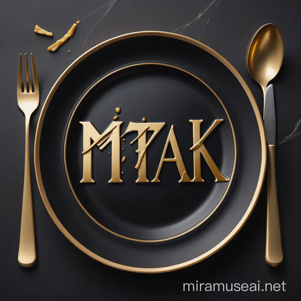 The design of a plate with the word MTAK written in golden color in broken font. One side of the plate is a golden knife and the other side is a golden spoon and fork. The background is black.