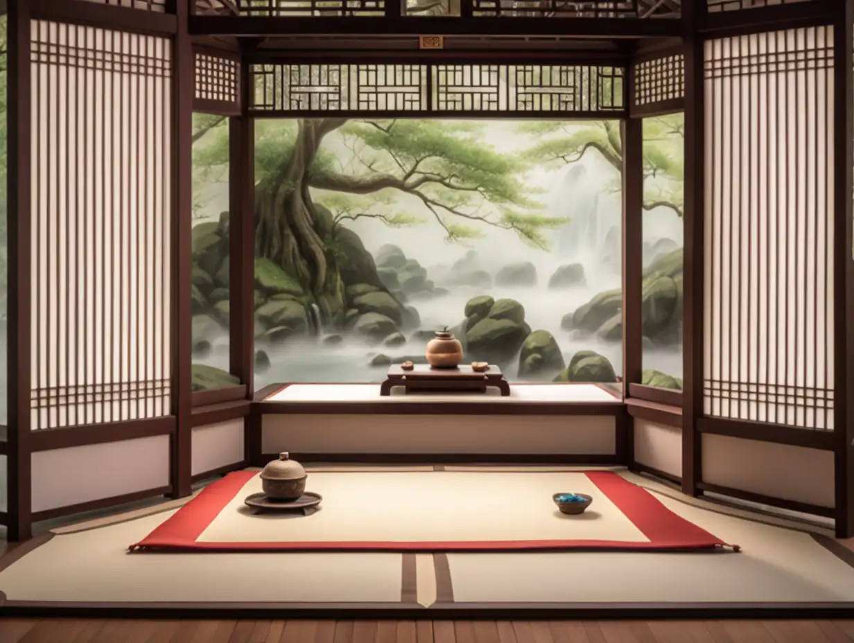 a small modest personal meditation room in a wuxia sect pavilion. inside. transparent background