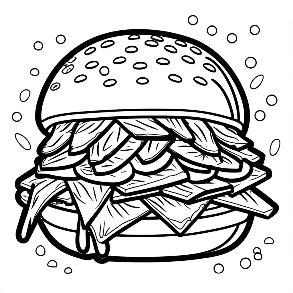 Pulled pork sandwich is bold ligne and easy for kids 
 , Coloring Page, black and white, line art, white background, Simplicity, Ample White Space. The background of the coloring page is plain white to make it easy for young children to color within the lines. The outlines of all the subjects are easy to distinguish, making it simple for kids to color without too much difficulty