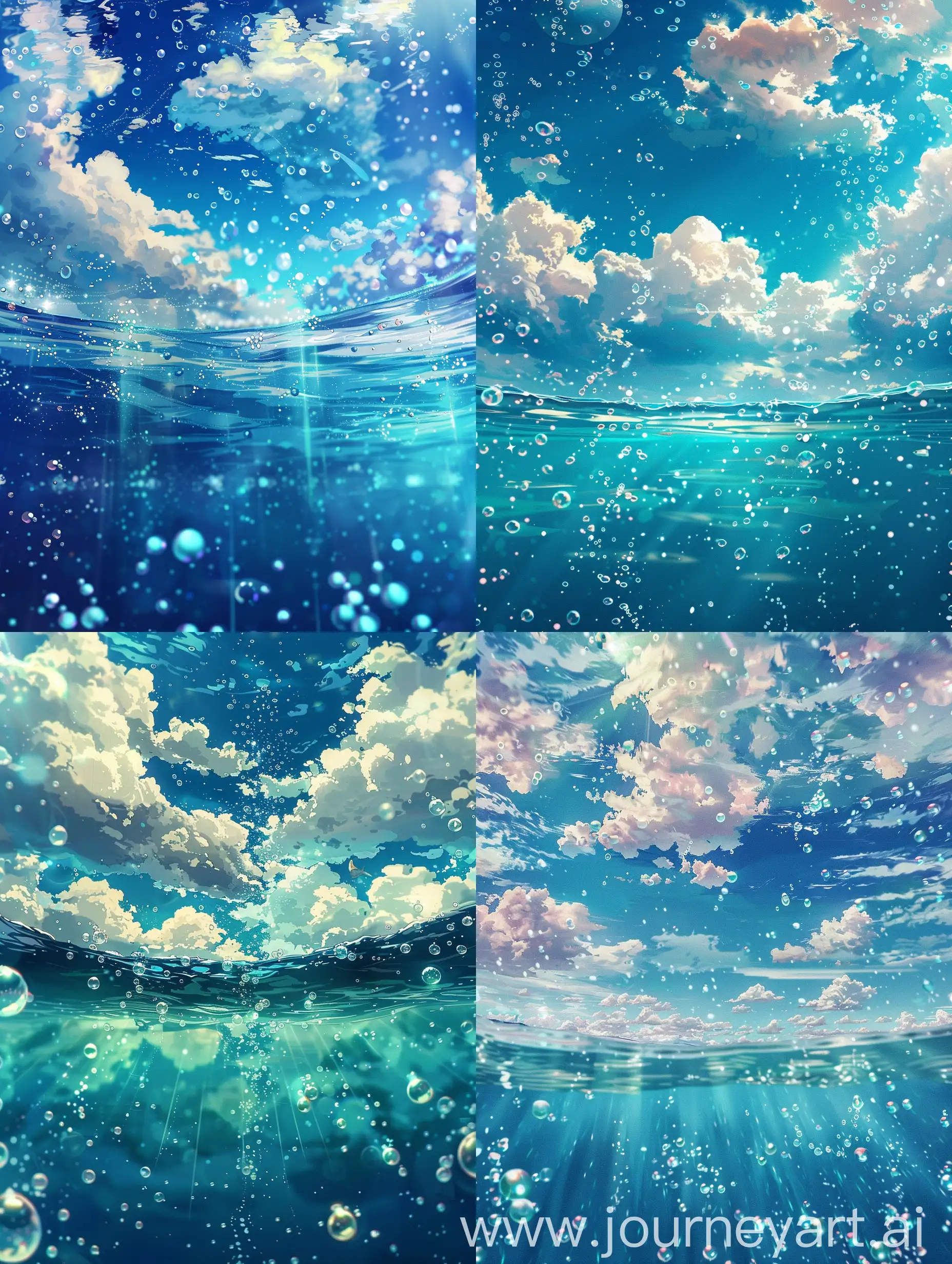 Anime style,Beautifully illustrated,aesthetic,beautiful vibes,makato shinkai style, under water view beautiful,sprinkles,beautiful water,underwater scene that blurs the line between water and sky, thanks to the reflection of clouds on the ocean’s surface.  and the entire scene is dotted with bubbles, enhancing the mystical feel. Above the water tranquil environment. This image, with its blend of air and water elements, exudes a serene and otherworldly charm.