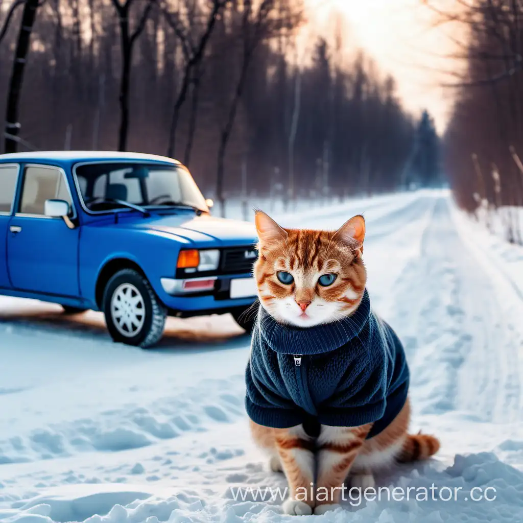 Котик в теплой одежде на фоне Жигули 2107