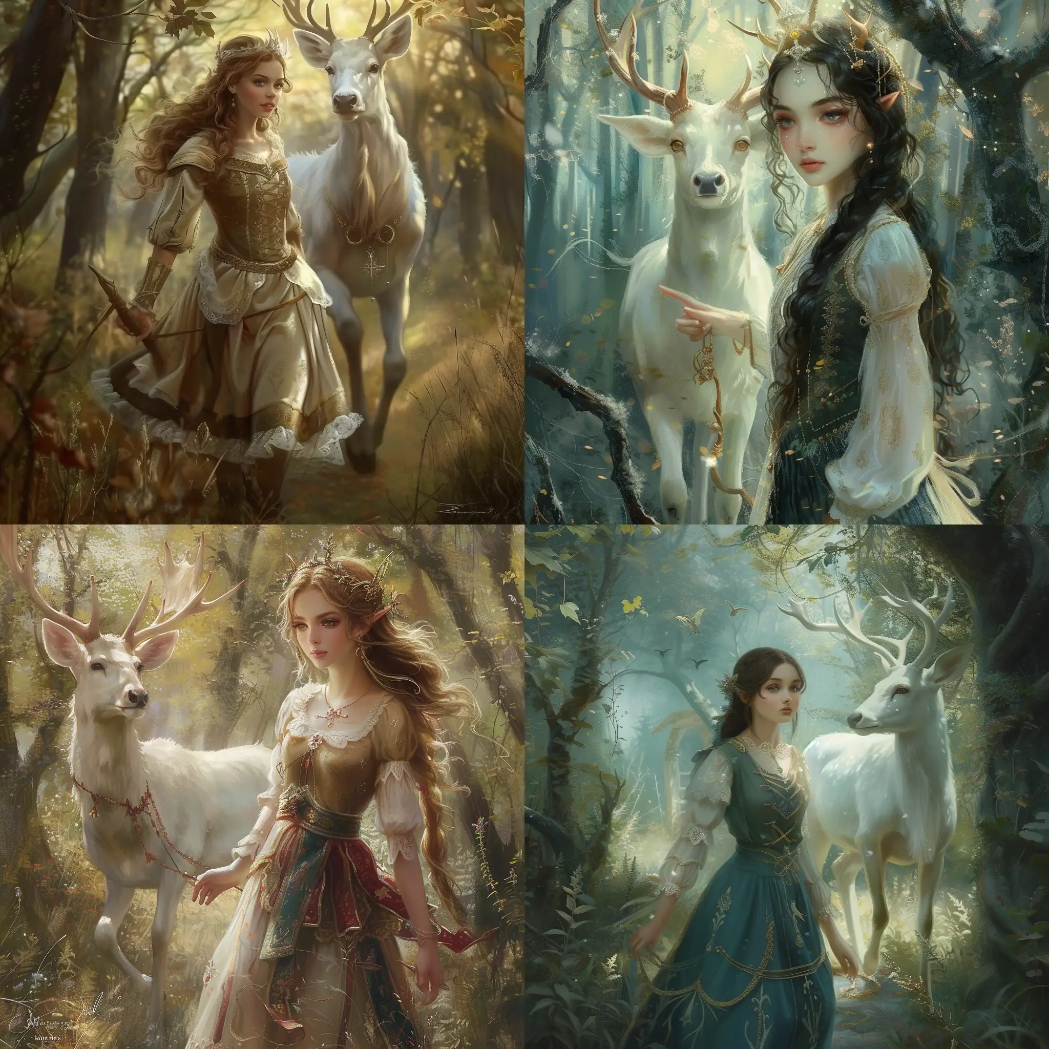 A beautiful medieval girl with delicate facial features leading a white stag through an enchanted forest. Fantasy magical mysterious etheral highly detailed --v 6 --ar 1:1 --no 46528