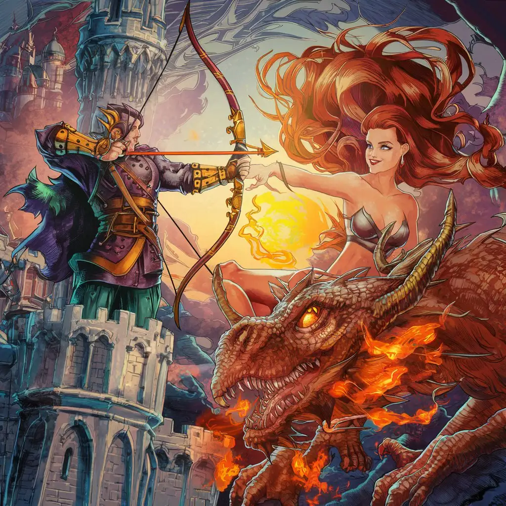 On the top of the castle, the archer shoots arrows at the beautiful woman enemies and her dragon flies from behind