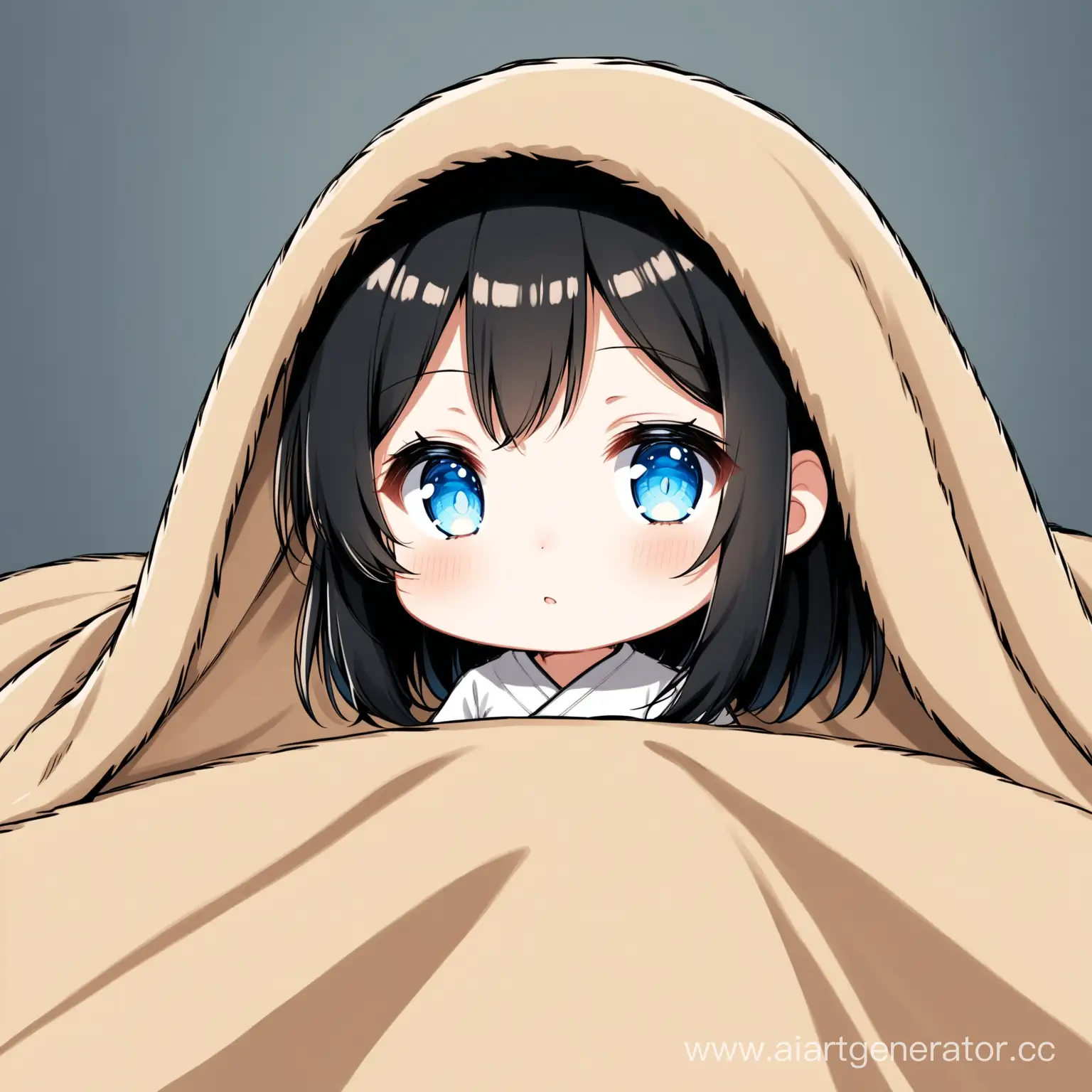 anime chibi girl with light blue eyes and black hair under the blanket 
