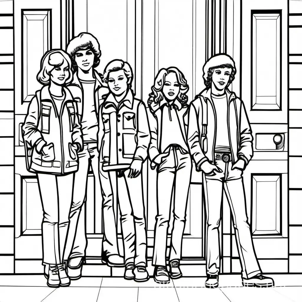 a group of youths both male and female outside the doors of a nightclub in the 1970s wearing bags clothes outline only no colour
, Coloring Page, black and white, line art, white background, Simplicity, Ample White Space. The background of the coloring page is plain white to make it easy for young children to color within the lines. The outlines of all the subjects are easy to distinguish, making it simple for kids to color without too much difficulty