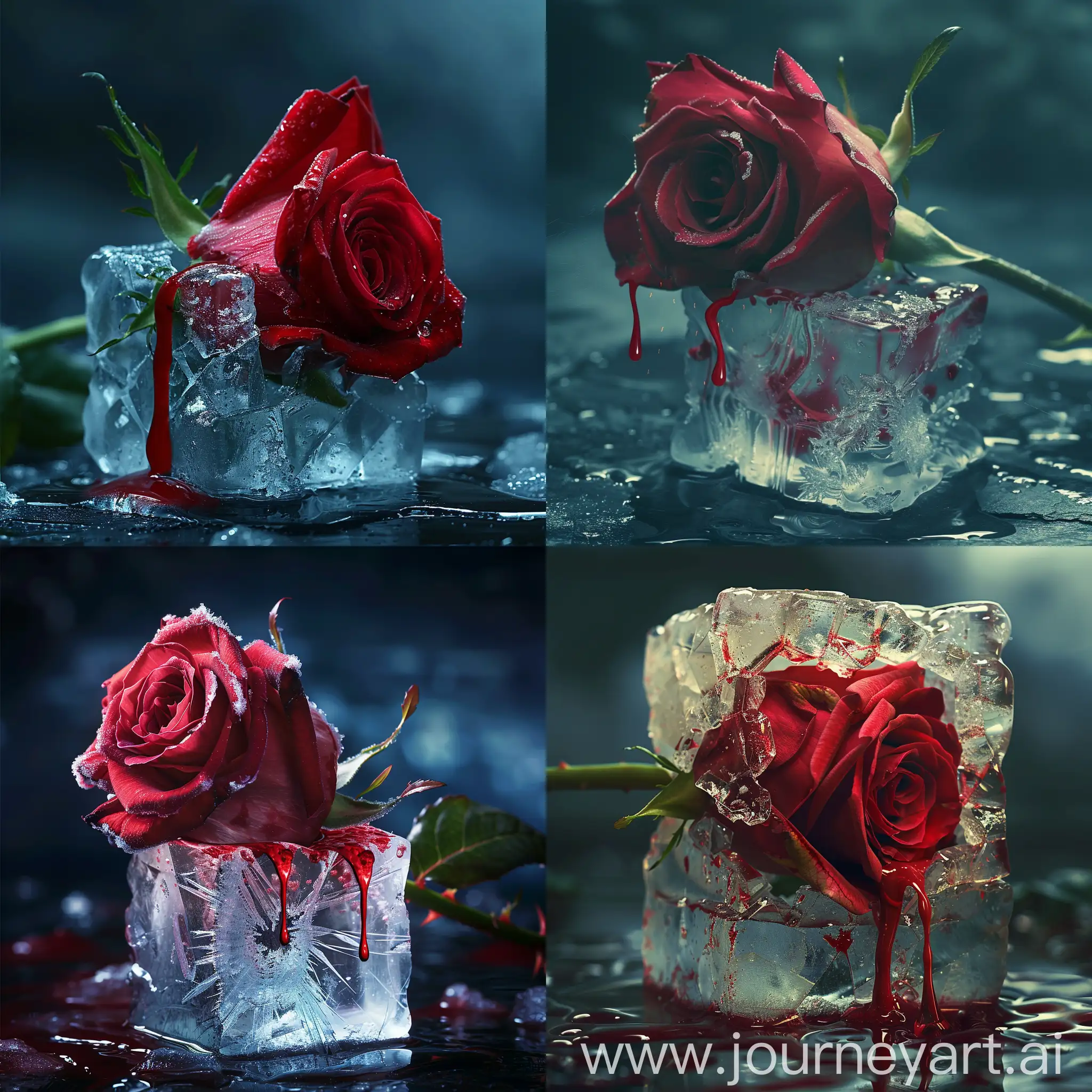 Фотография крупным планом красивой красной розы, прорывающейся сквозь куб изо льда, расколотая потрескавшаяся ледяная поверхность, матовые цвета, кровь, капающая из розы, тающий лед, атмосфера Дня святого Валентина, кинематографический, острый фокус, сложный, кинематографический, драматический свет