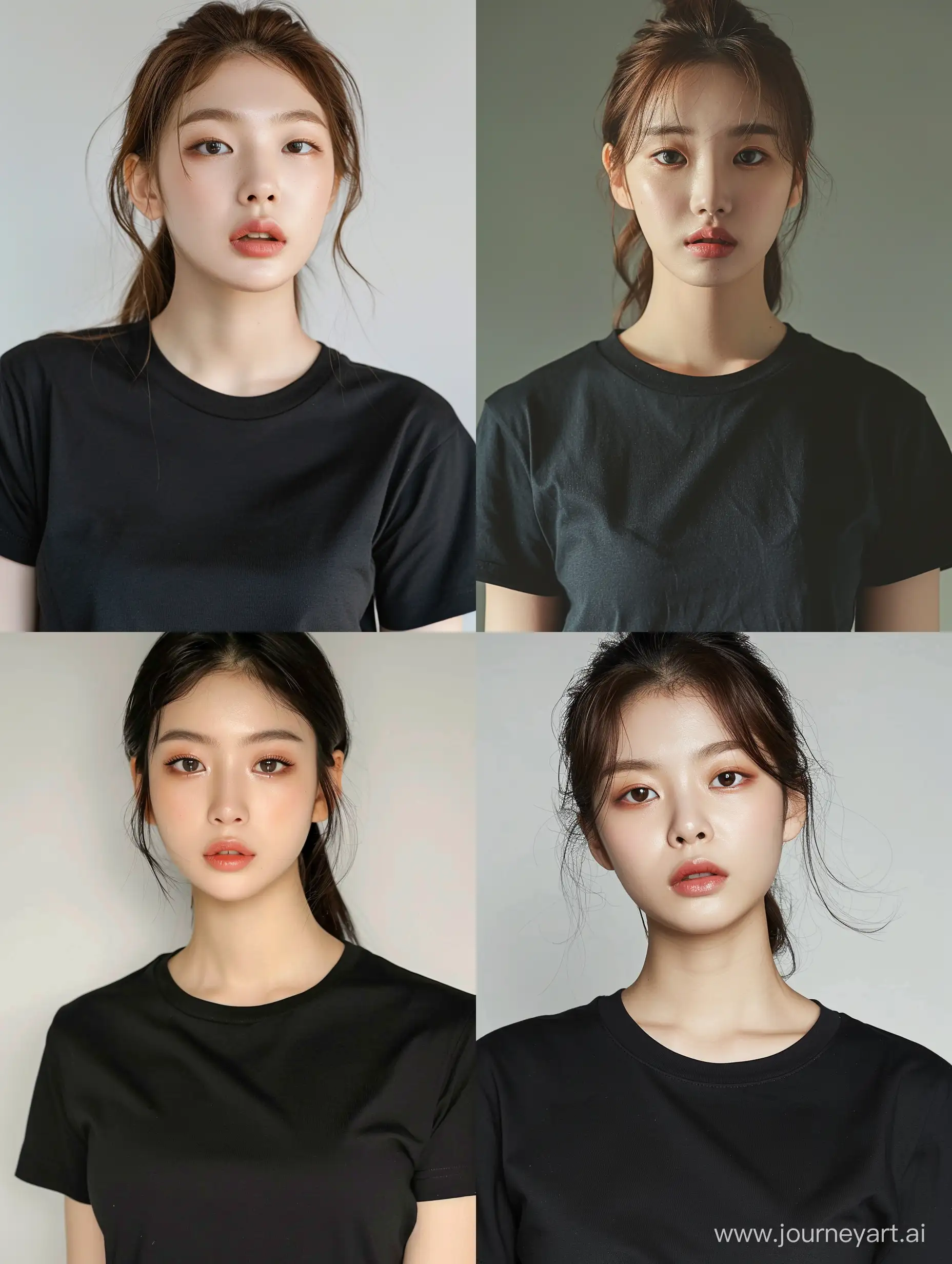 a beautiful Asian woman with wide-set eyes,wearing black tshirt a youthful appearance, and facial features resembling Blackpink's Jennie.,--ar 9:16 --v 6