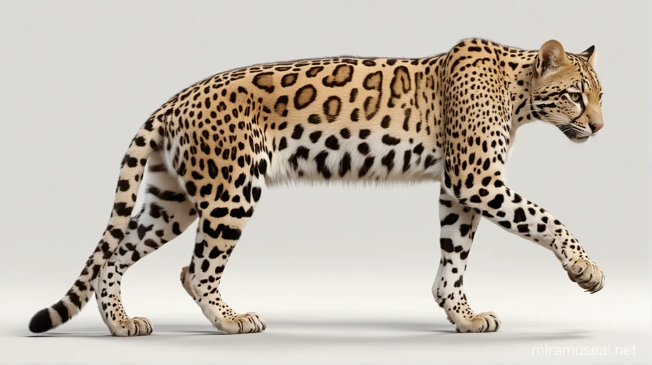 Imagen digital vectorizada 3D de ocelote leopardus pardalis caminado en cuatro patas. Fondo blanco
