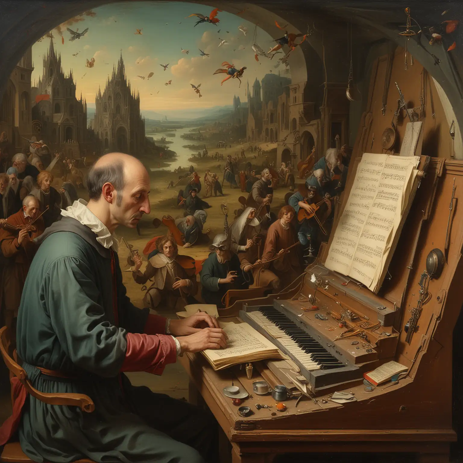 composer creating noise doom day hymn, antique painting in Bosch style
