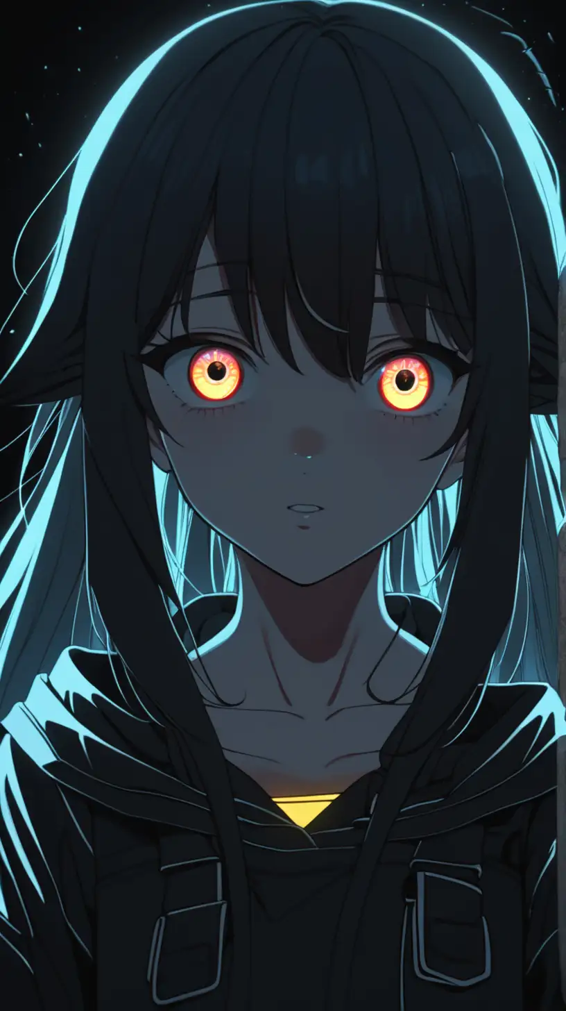 Anime girl with brighly glowing eyes in the dark wearing all black