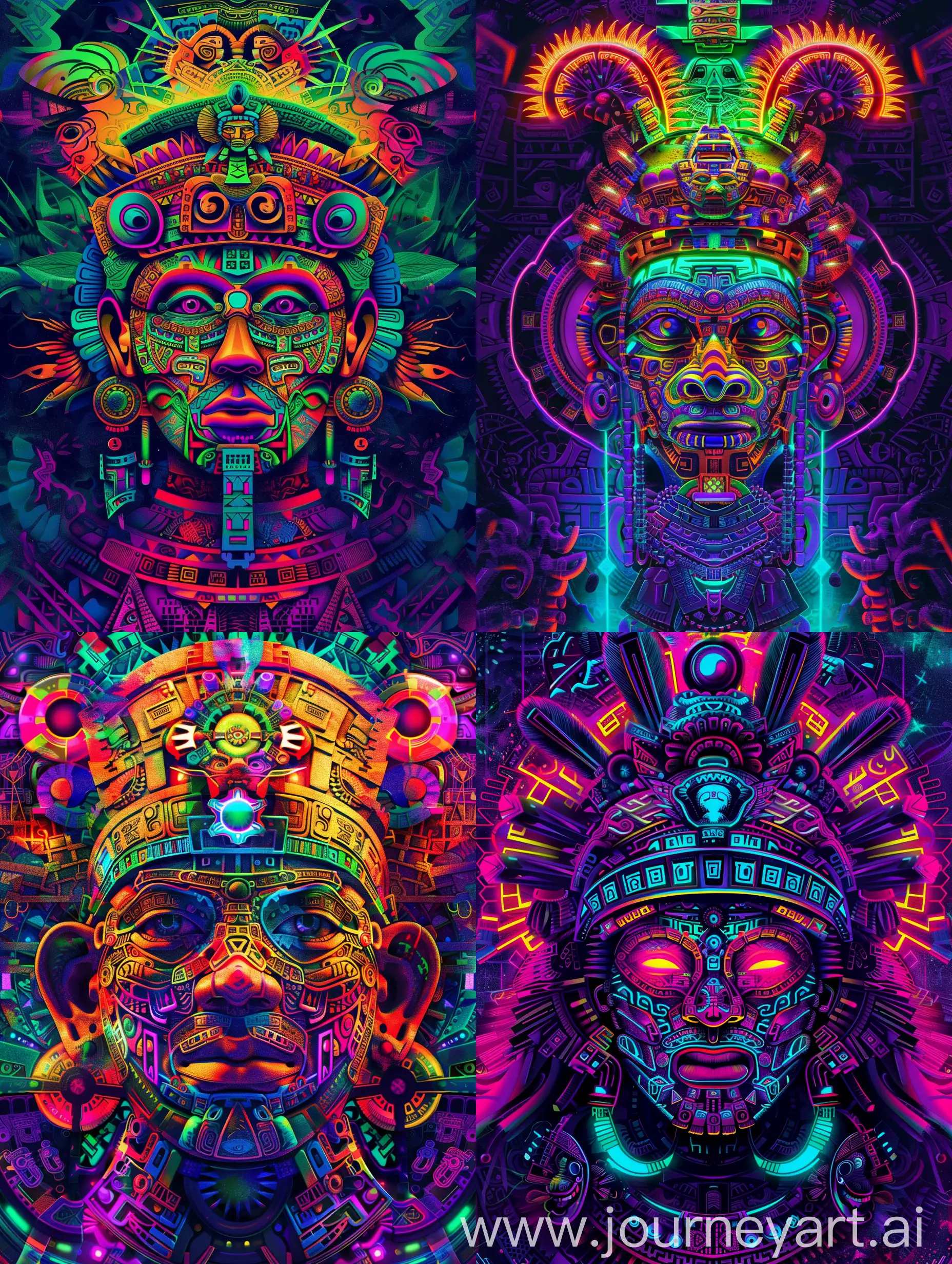 Psychedelic visionary Mayan and aztech concept with abstract background in vibrant neon color's 