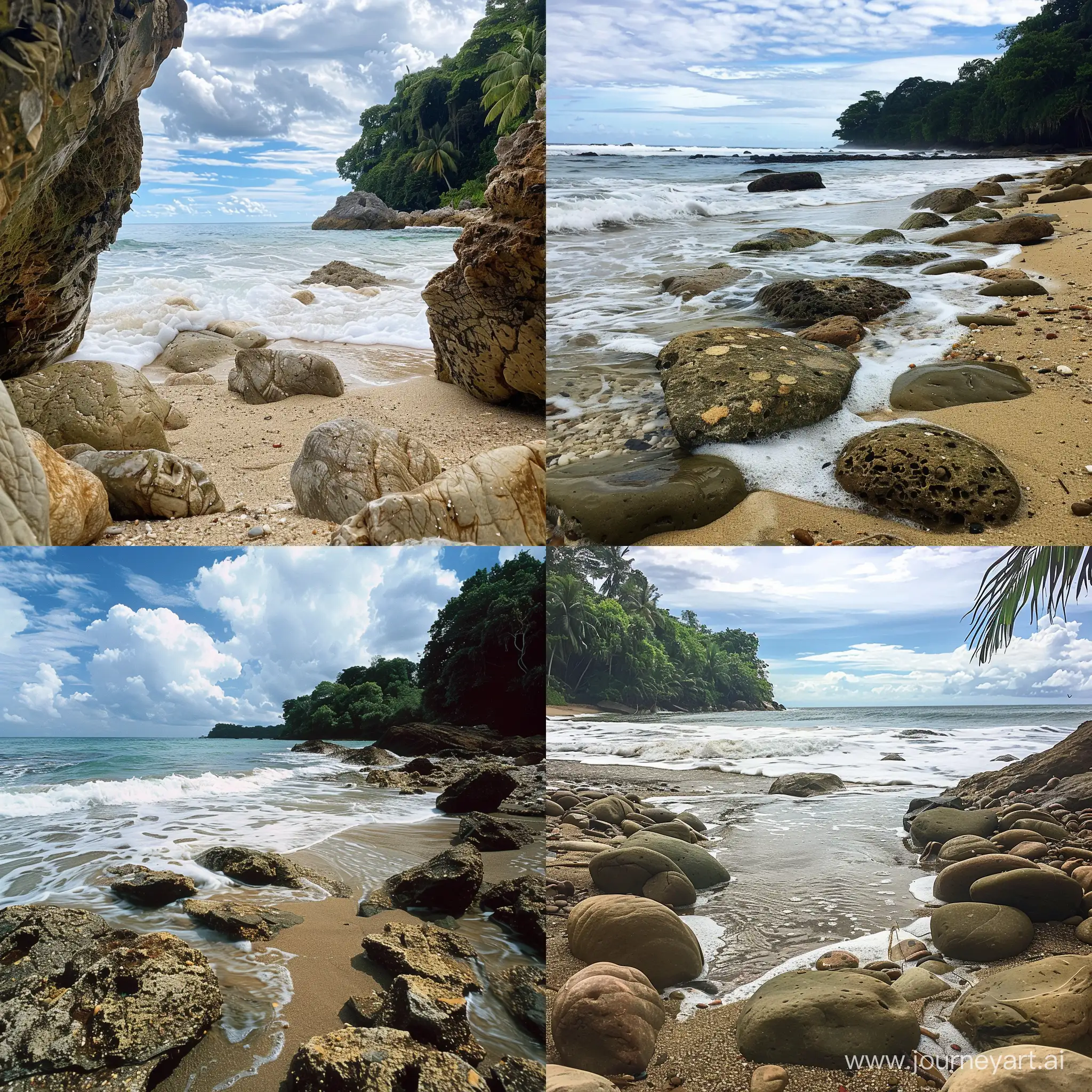Felsiger Strand, zwischen Steinen auch Sand zu sehen, Meer im Hintergrund, seichte Wellen mit Schaum, im Anschnitt ist ein Dschungel / Wald zu sehen. Teils bewölkter Himmel