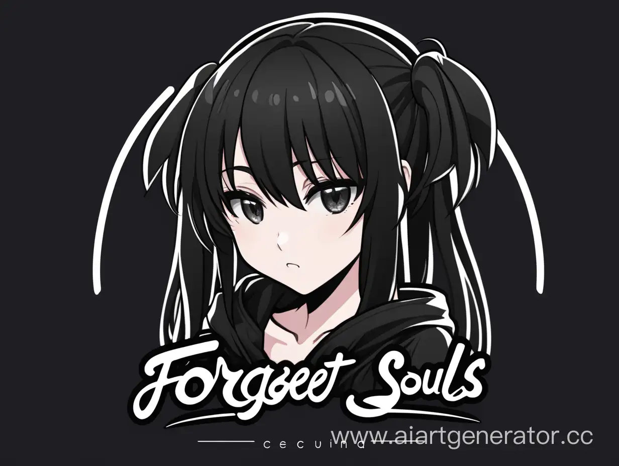 создай логотип с аниме девушкой в одежде черного цвета с надписью Forget Souls 