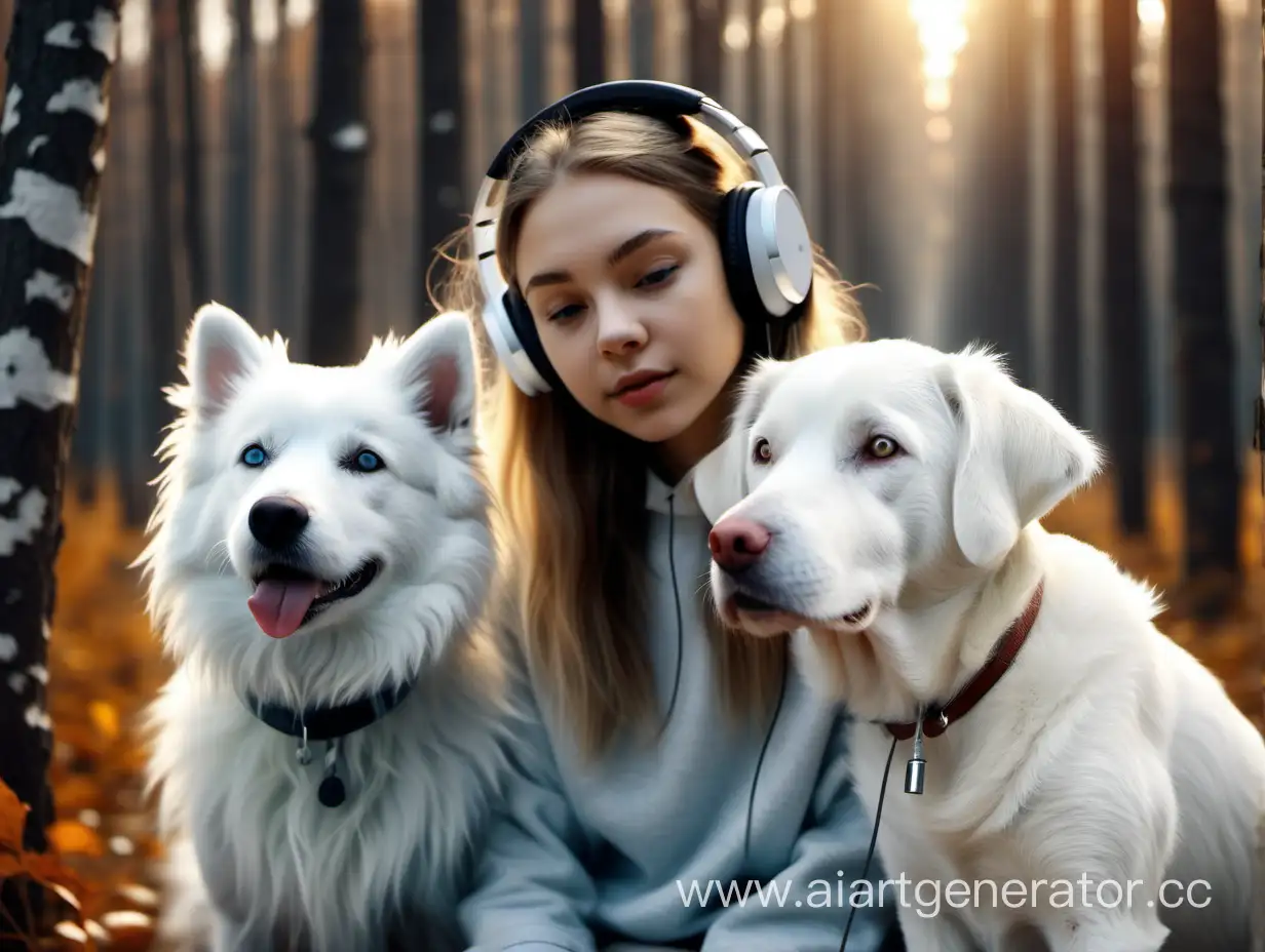 Девушка в наушниках рядом собака белая. реалистично. природа