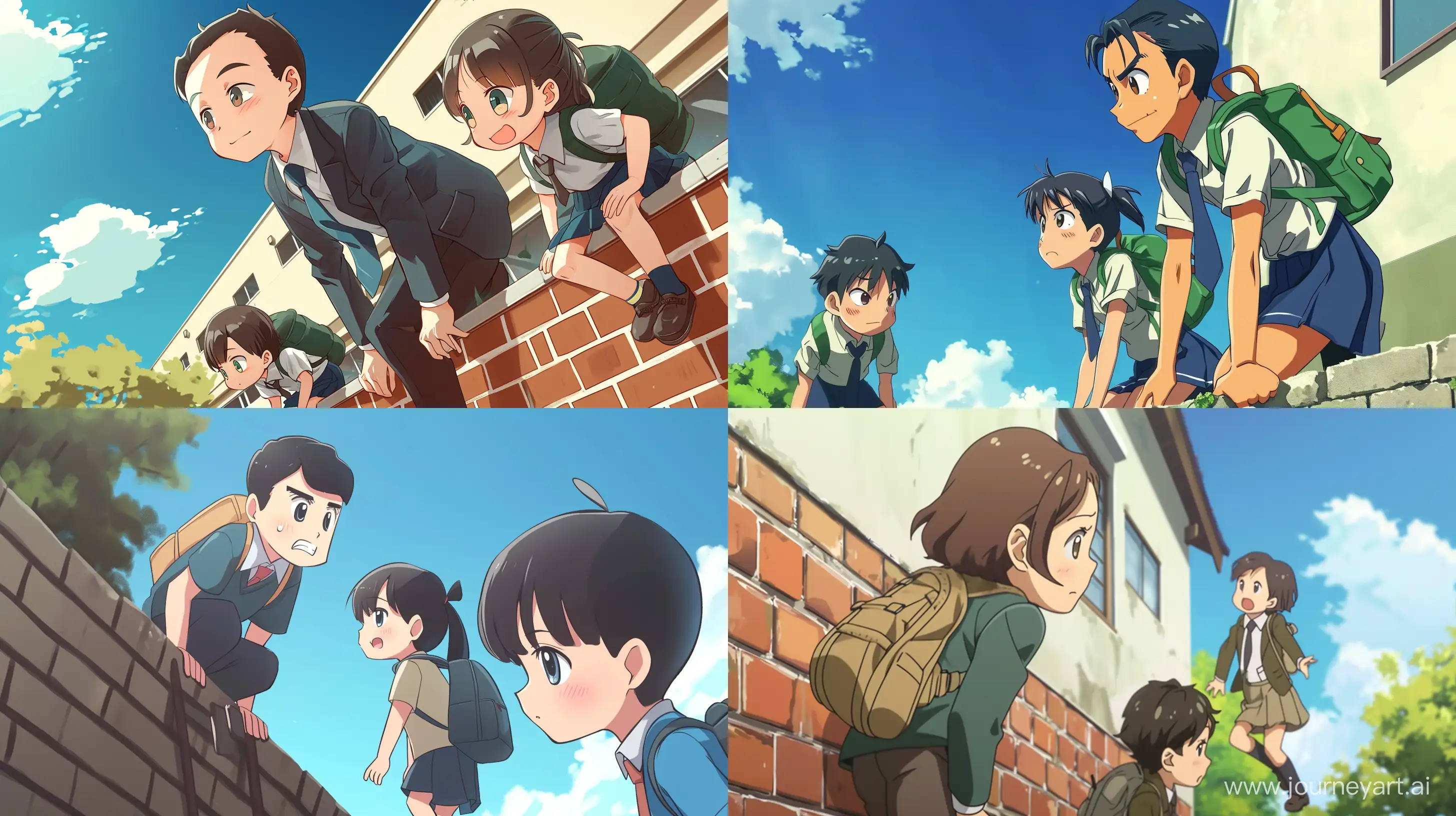 an anime scene, chibi style, a teacher look at two students, the students are climbing the wall to go to the school, best quality , creative angle shot --ar 16:9 --v 6