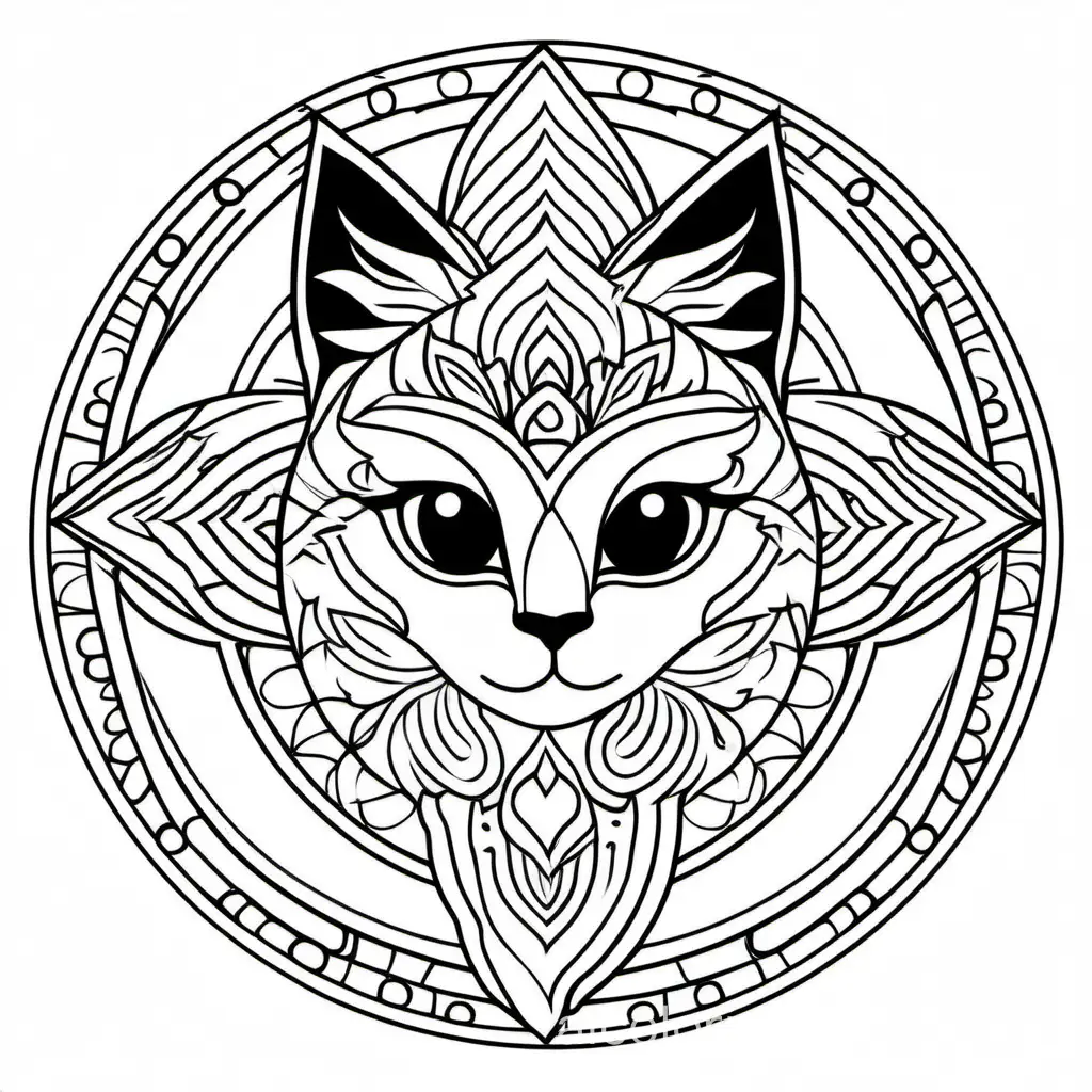 draw a cat using mandala art , Coloring Page, black and white, line art, white background, Simplicity, Ample White Space. The background of the coloring page is plain white to make it easy for young children to color within the lines. The outlines of all the subjects are easy to distinguish, making it simple for kids to color without too much difficulty