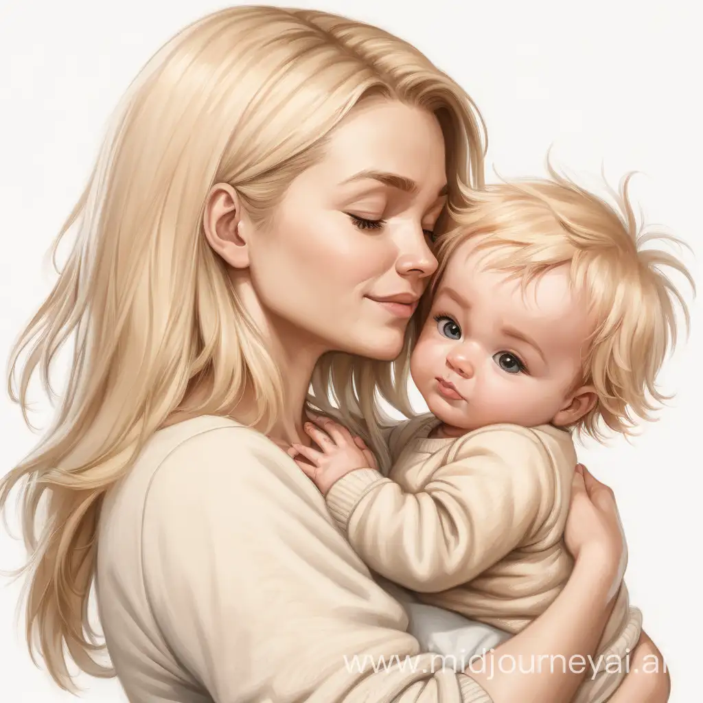 Une maman tenant son bébé dans les bras,  la maman est blonde cheveux mi long, le bebe est blond les cheveux courts, la maman et le bébé se font un calin