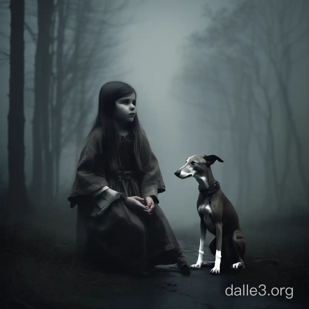 Dans la brume, une petite fille avec des vêtements gaulois joue aux osselets. Un lévrier est assis à côté d'elle. atmosphère sombre et inquiétante. 